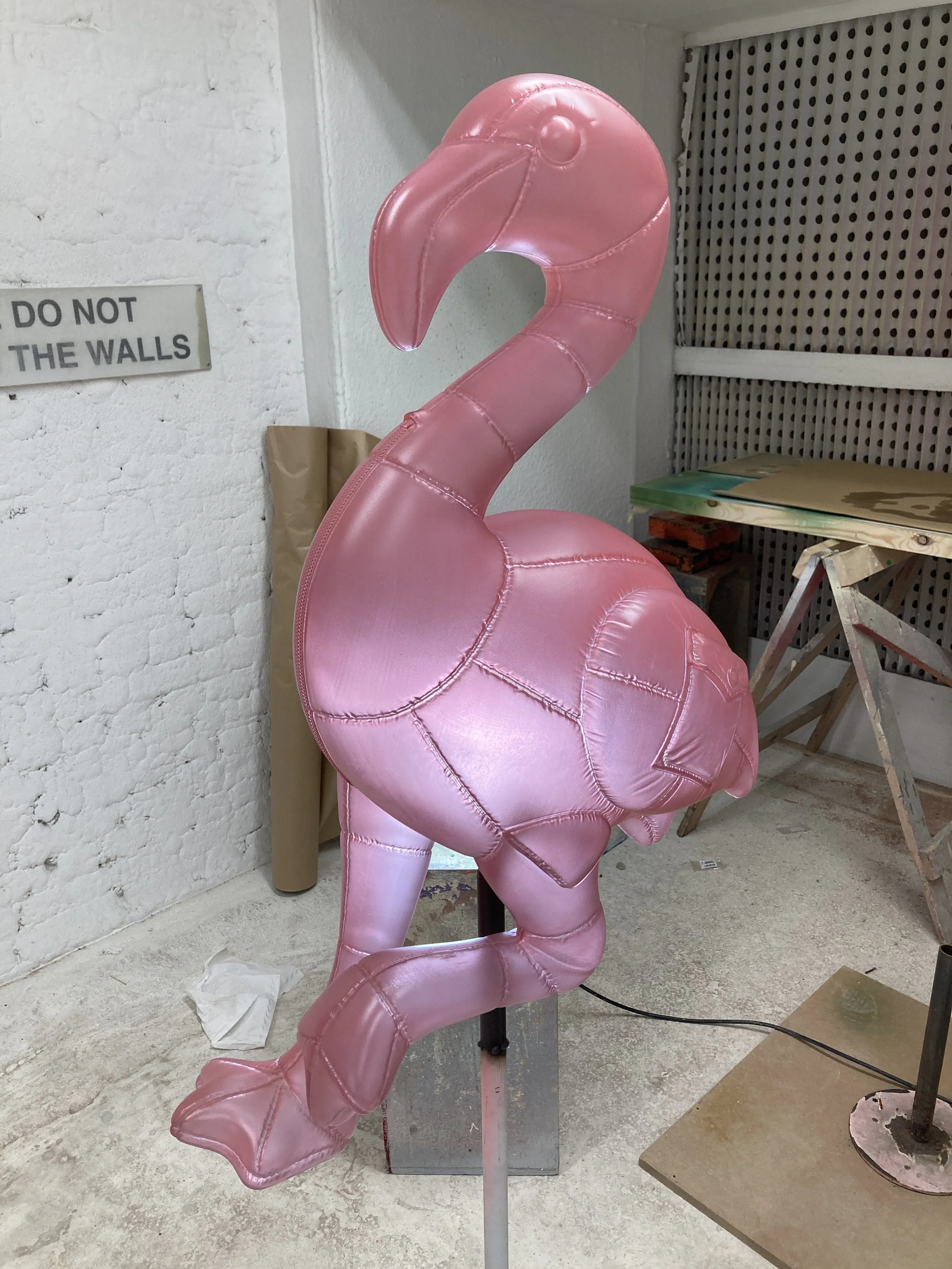 Finished flamingo sculpture with its custom semi-transparent colour finish, retaining the translucency of the original 3D-printed form for the Moncler campaign.