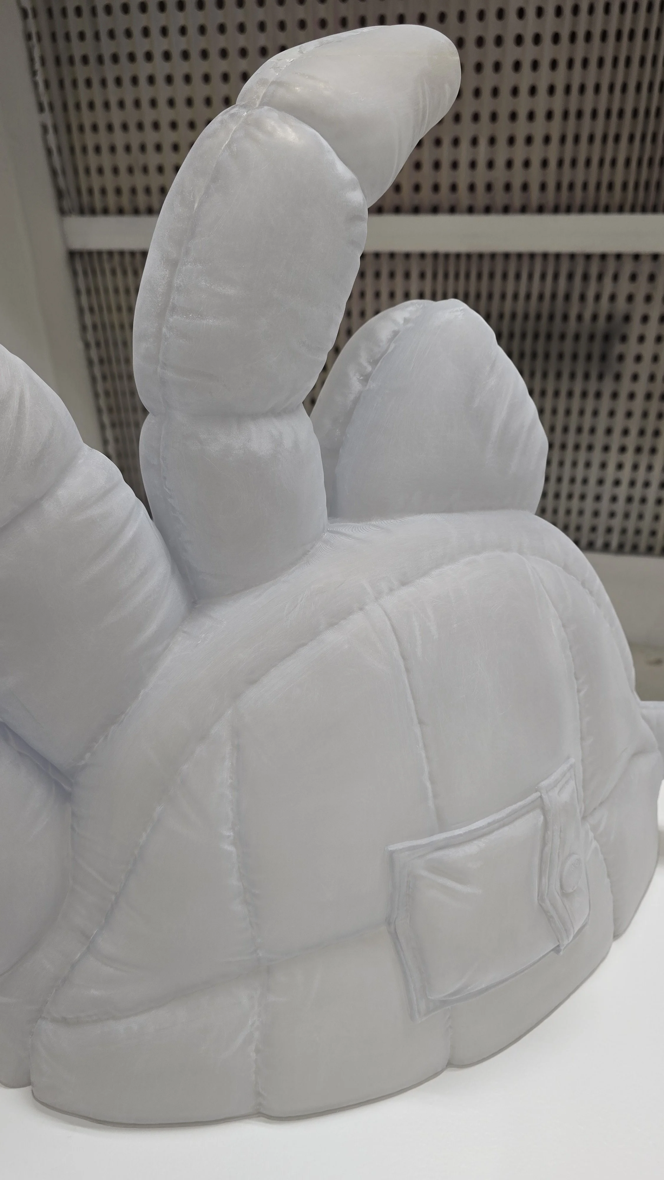 Individual translucent 3D-printed sections ready for assembly as part of the large-scale Moncler seahorse, crab and flamingo fabrication.