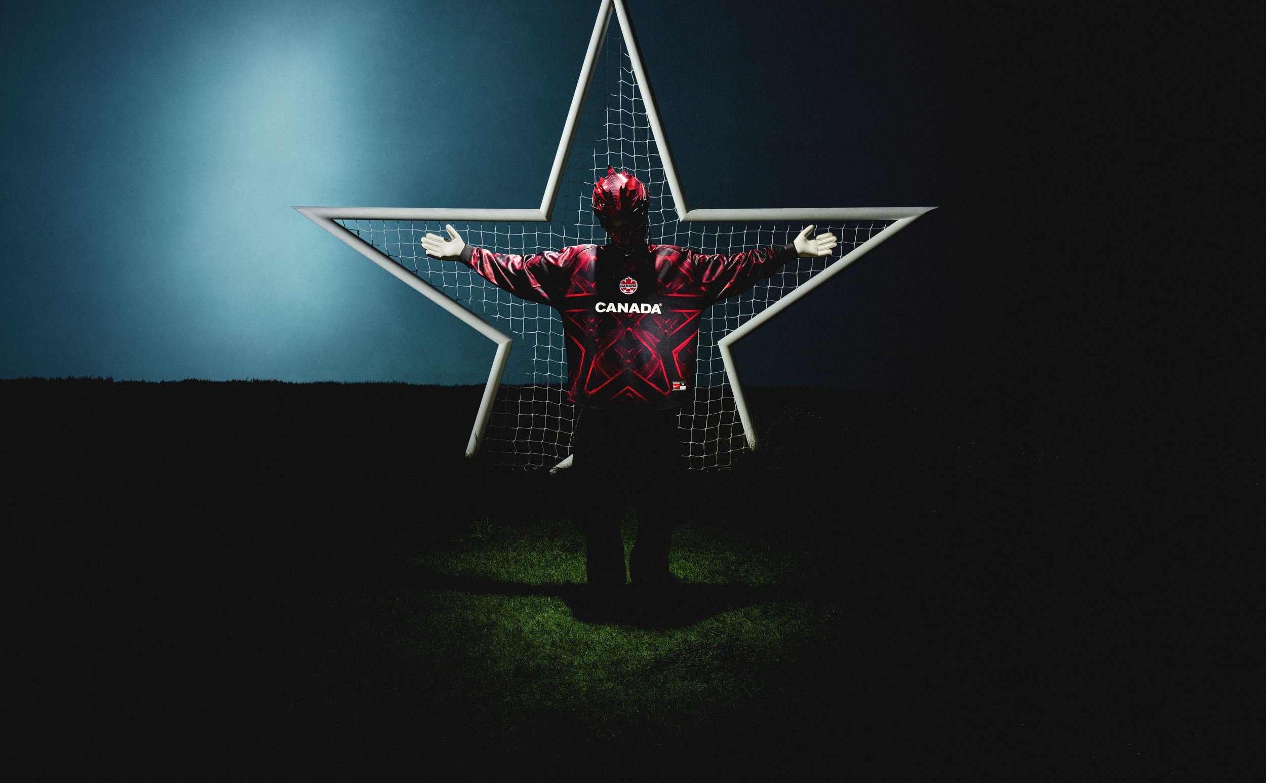 Final shot of the Nike football capsule collection of goal keeper football shirts.  This image is of the Canada national shirt with the custom made helmet/ mask that Andy knight made with designer Shona heath for this shoot 