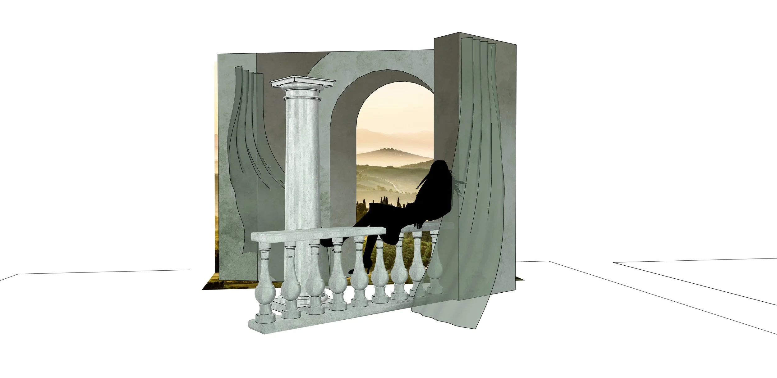 Original design render by Andrew Clarkson illustrating the architectural composition, scenic finishes and landscape backdrop developed for Graff's Tilda's Bow High Jewellery campaign.