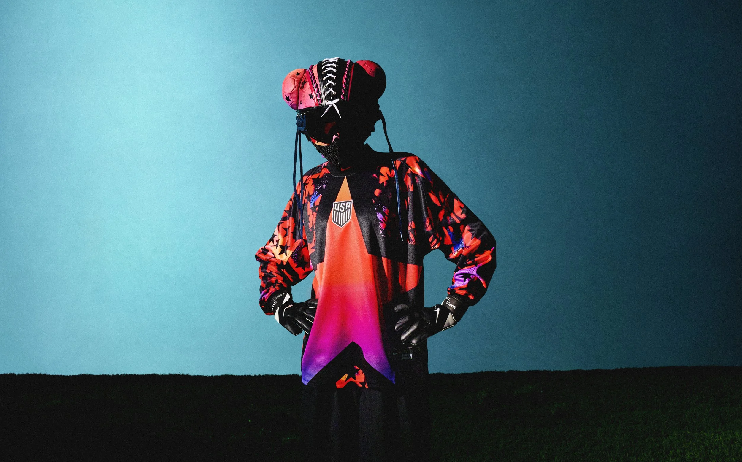 Image of the USA goal keeper shirt and custom made mask for the editorial 