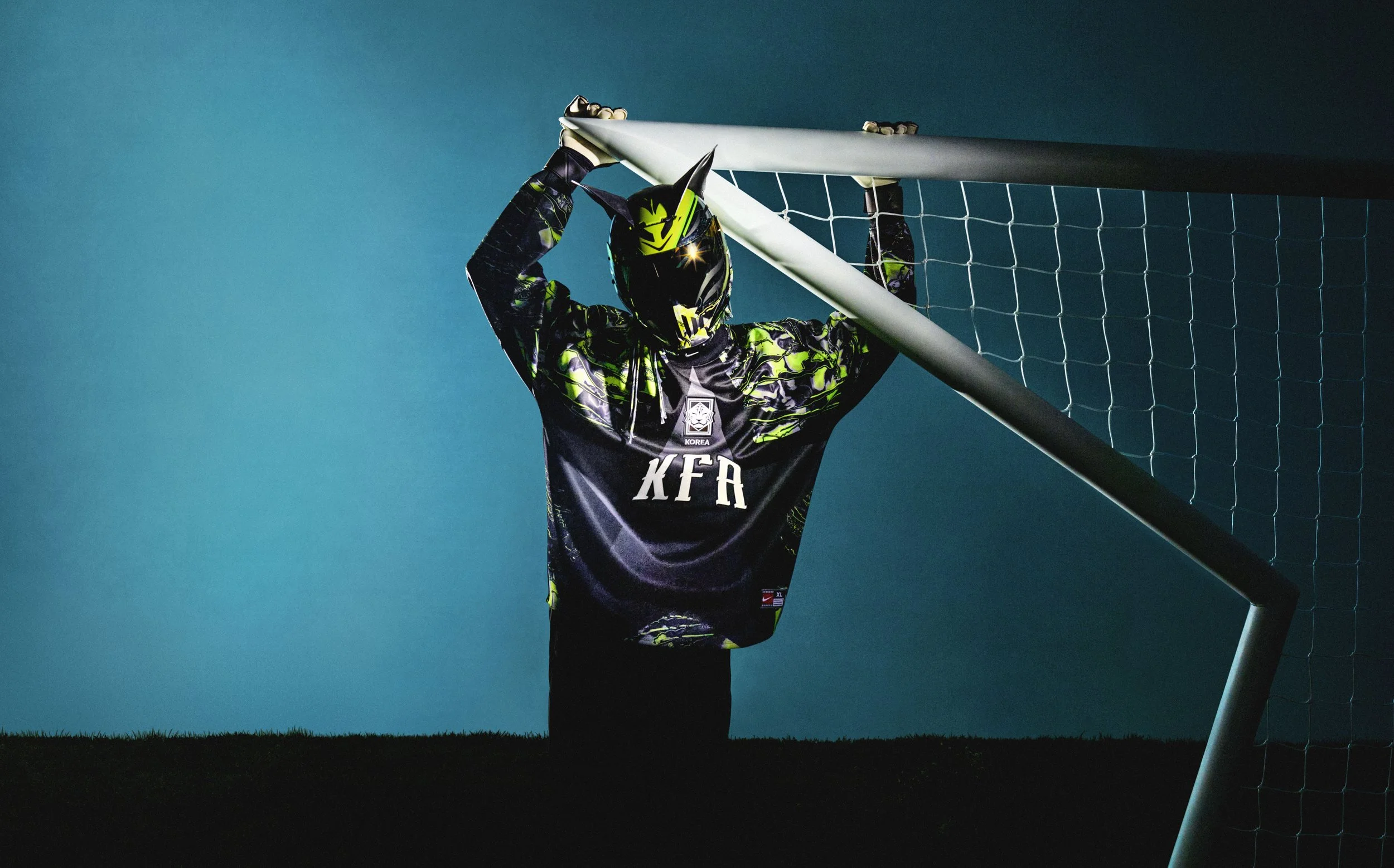 Final shoot image of the Korean Goal poster football shirt and custom matching mask for the collections editorial shoot 