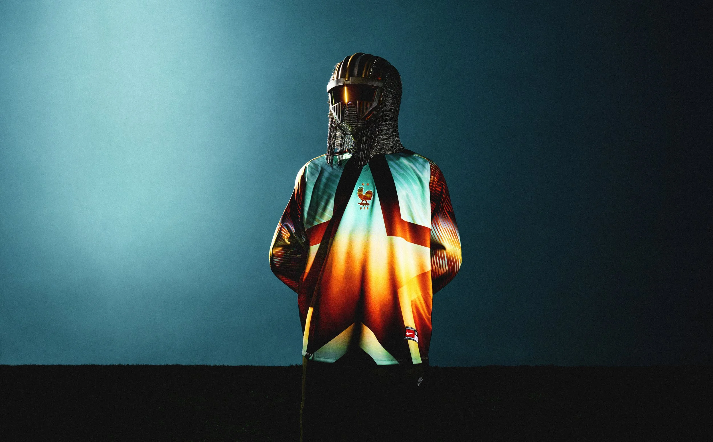 Image that features the France football keeper shirt and custom mask made for the photohshoot