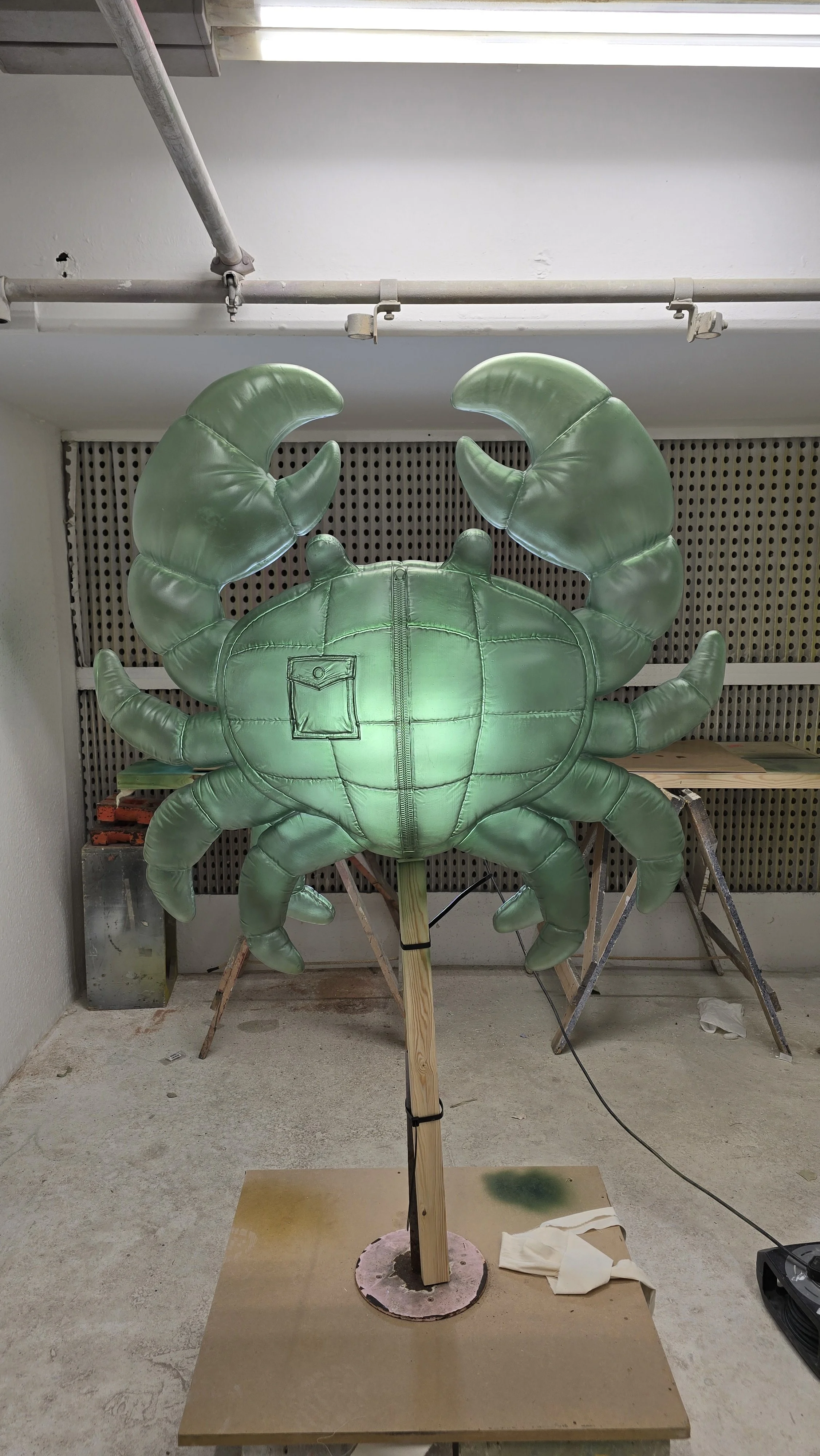 Completed crab sculpture following assembly and application of a colour-matched translucent spray finish, fabricated by Andy Knight for Moncler’s ‘Have a Puffy Summer’ campaign.