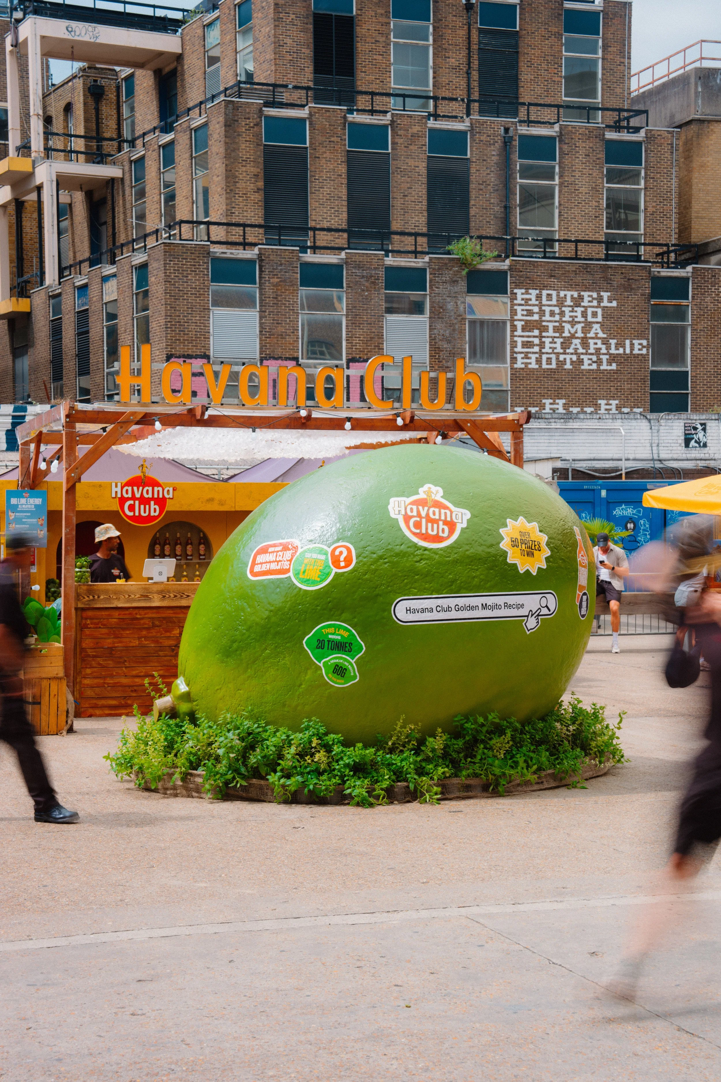 Oversized lime sculpture fabricated for a Havana Club pop-up event in London, hand carved and finished for outdoor installation.