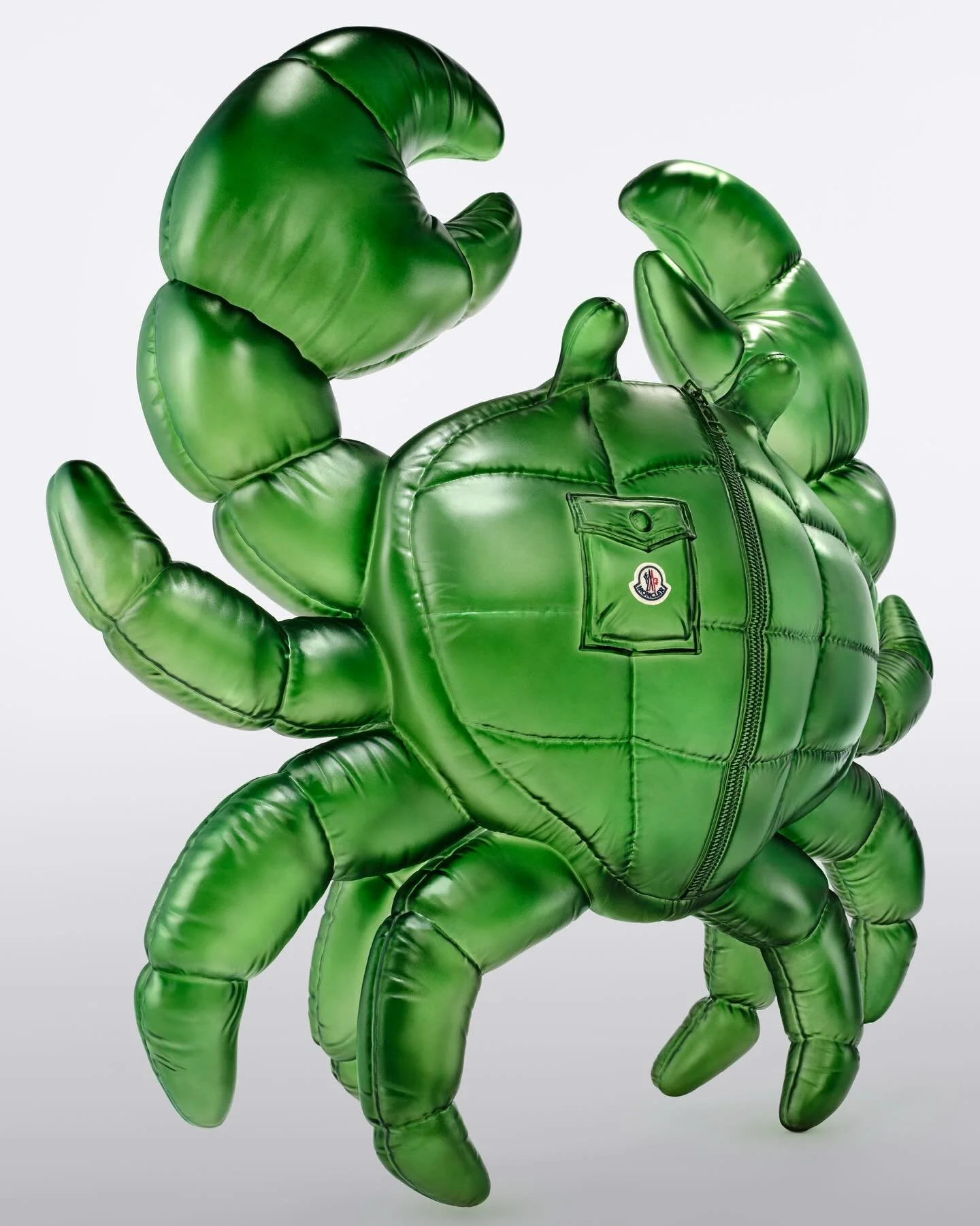 Large-scale prop fabrication for Moncler’s ‘Have a Puffy Summer’ 2026 campaign by set designer Andy Hillman. Andy Knight fabricated the seahorse, crab and flamingo sculptures using transparent 3D-printed components, UV bonding and custom colour-match
