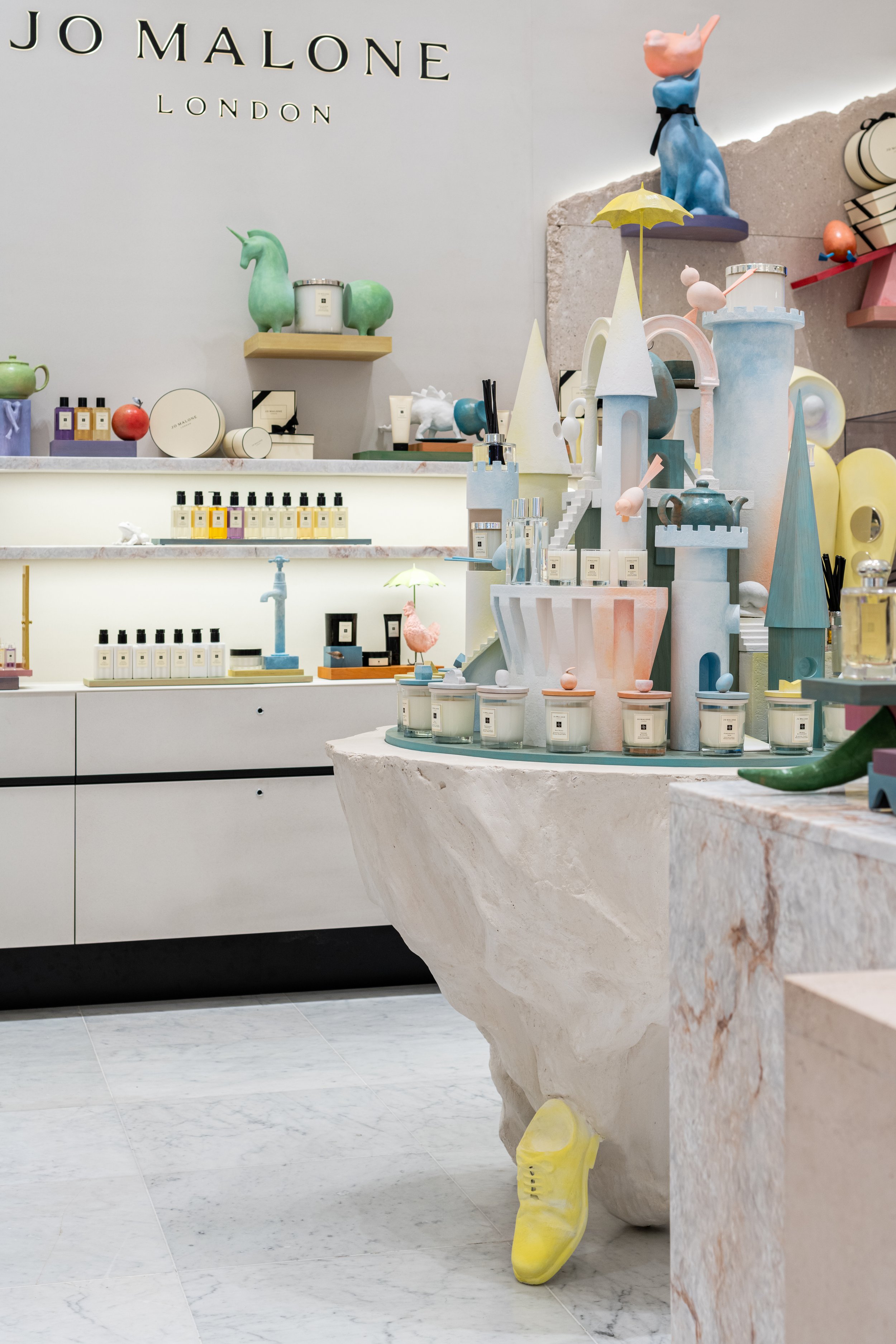 Set build for the Jo Malone concession in Selfridges London. This shop display includes custom made product mounts with hand painted sculptures and a miniature castle centre piece.