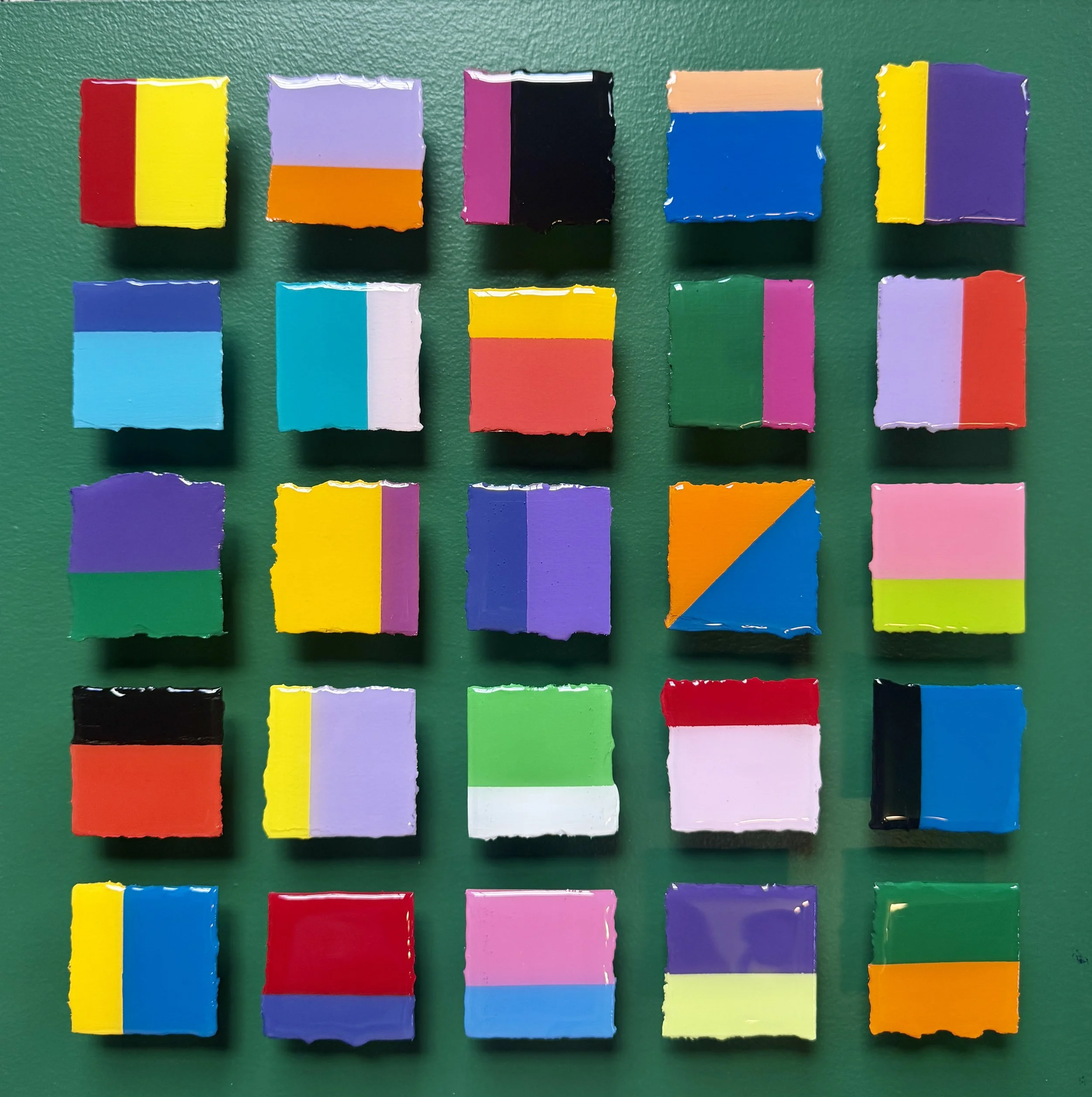 Contemporary geometric abstract wall art featuring hand-painted dimensional square forms, bold color blocking, and glossy resin surfaces. This modern hard-edge composition explores structure, rhythm, contrast, and the emotional energy created through