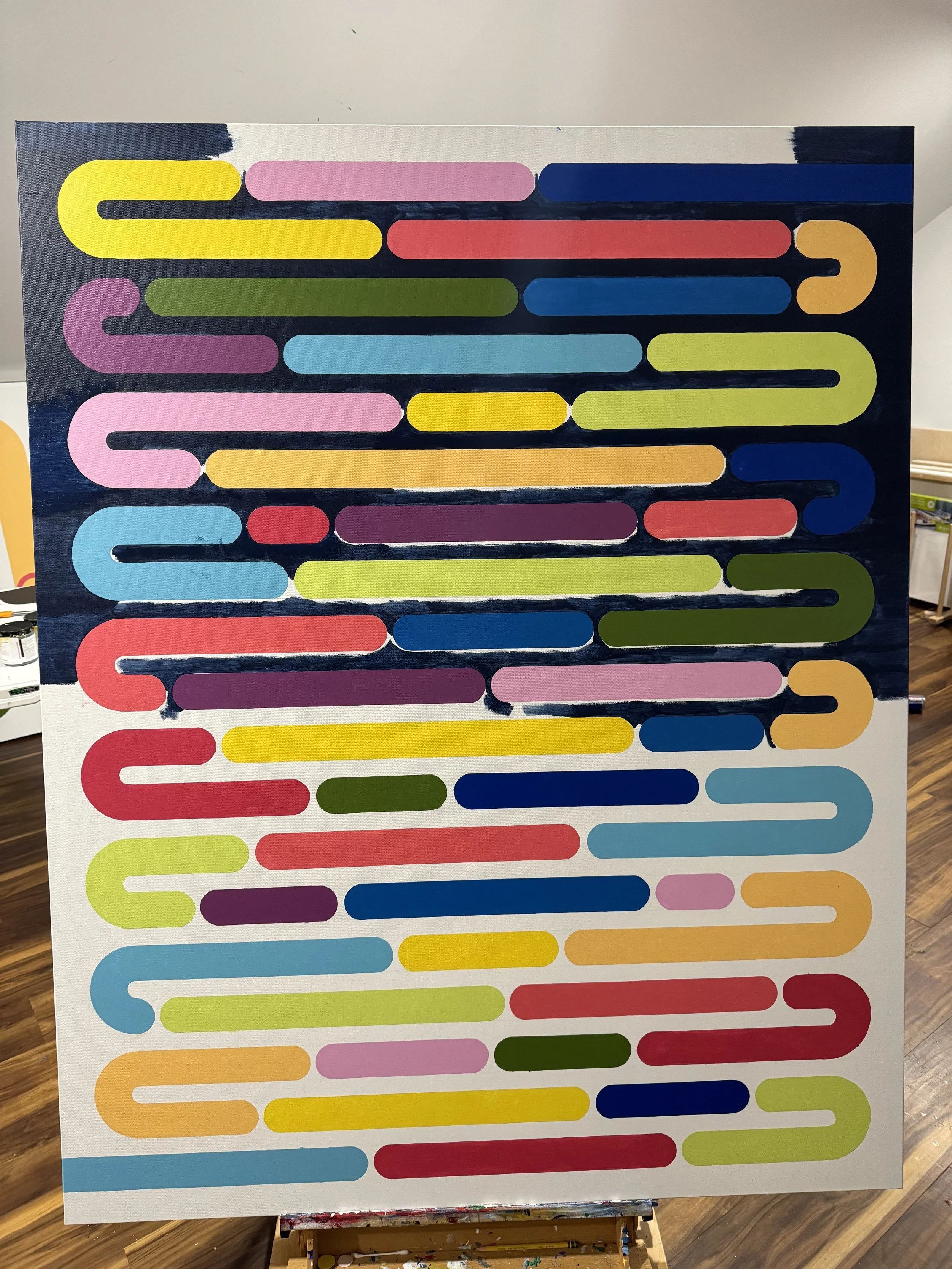 Contemporary geometric abstract artwork from the Momentum collection by Merrill Moore. Bright linear forms move across the canvas before becoming partially covered by deep navy fields, symbolizing the overlapping roles, responsibilities, and experien