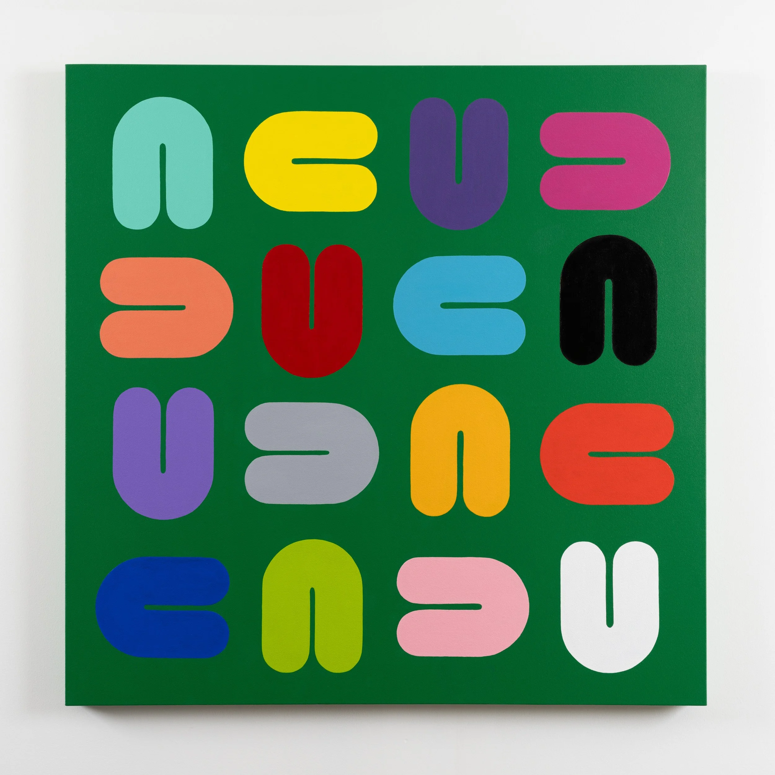 Geometric abstract artwork from the Momentum collection by Merrill Moore. Repeating rounded forms shift direction across a vivid green background, creating a playful but structured rhythm of movement and transition. Inspired by the constant shifting 