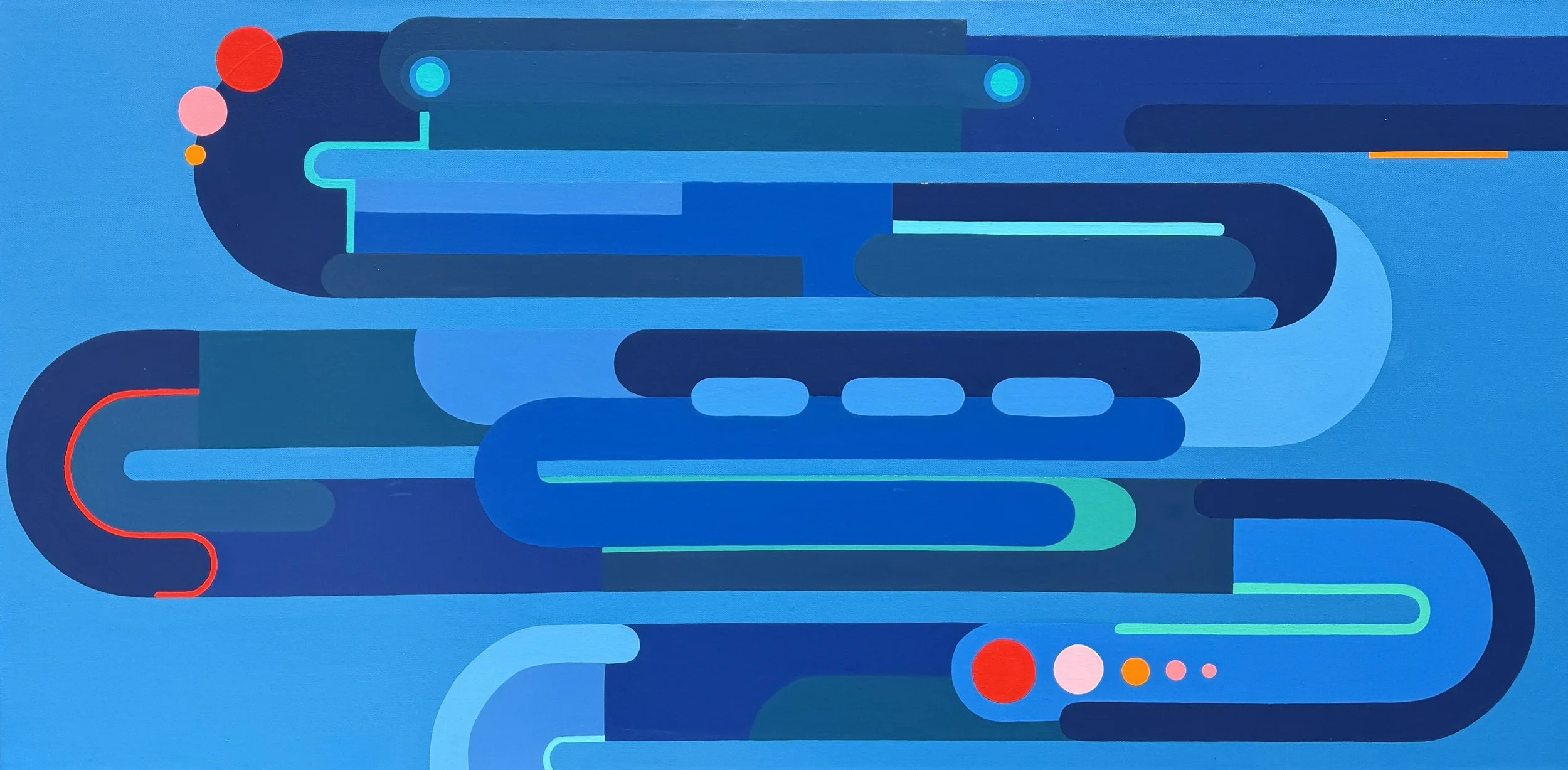 Cool Tones, Hot Licks” explores rhythm, movement, and layered energy through elongated geometric forms flowing across a luminous blue ground. Deep navy structures weave through brighter bands of color, creating a visual push and pull that feels both 