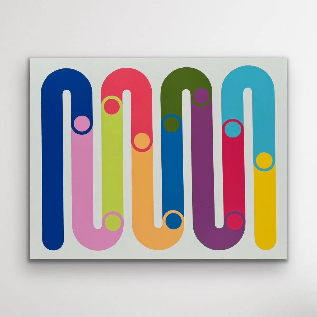 Colorful geometric abstract artwork from the Momentum collection by Merrill Moore. Bold looping forms and vibrant color relationships create a sense of movement, rhythm, and connection against a clean white background. Exploring the idea that we neve