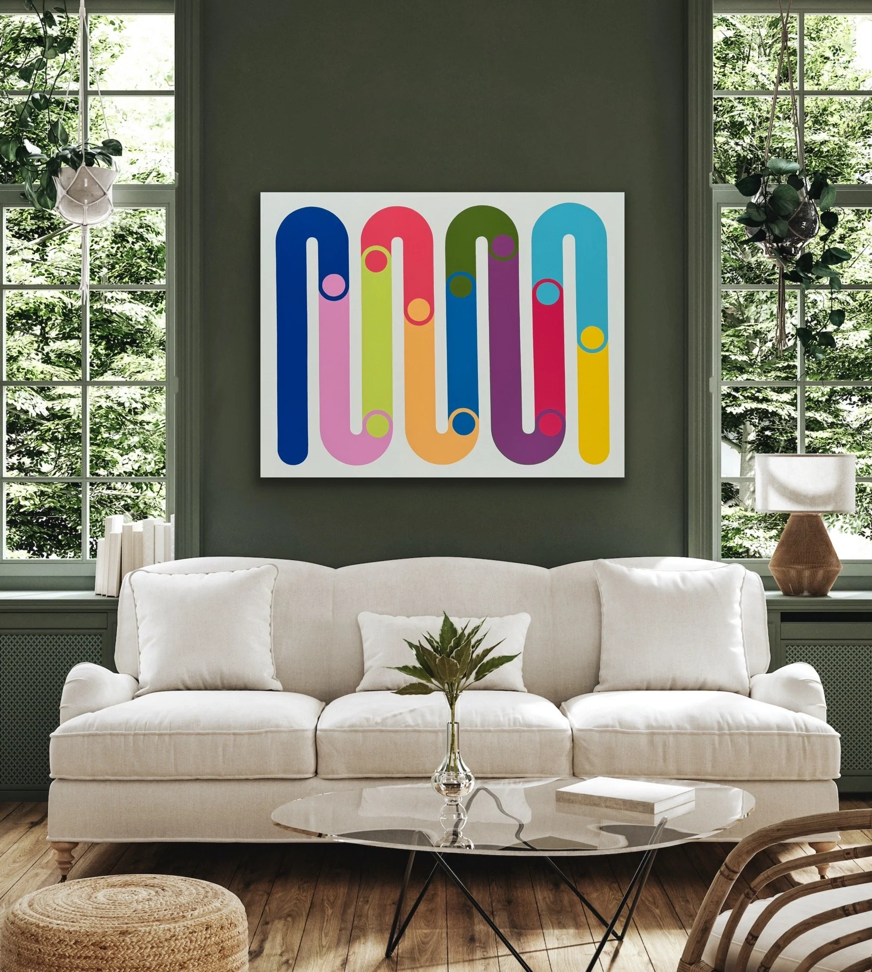 Geometric abstract artwork from the Momentum collection by Merrill Moore installed in a contemporary interior. Bold looping forms and vibrant color relationships create movement and rhythm while acting as a focal point within the space. Exploring the