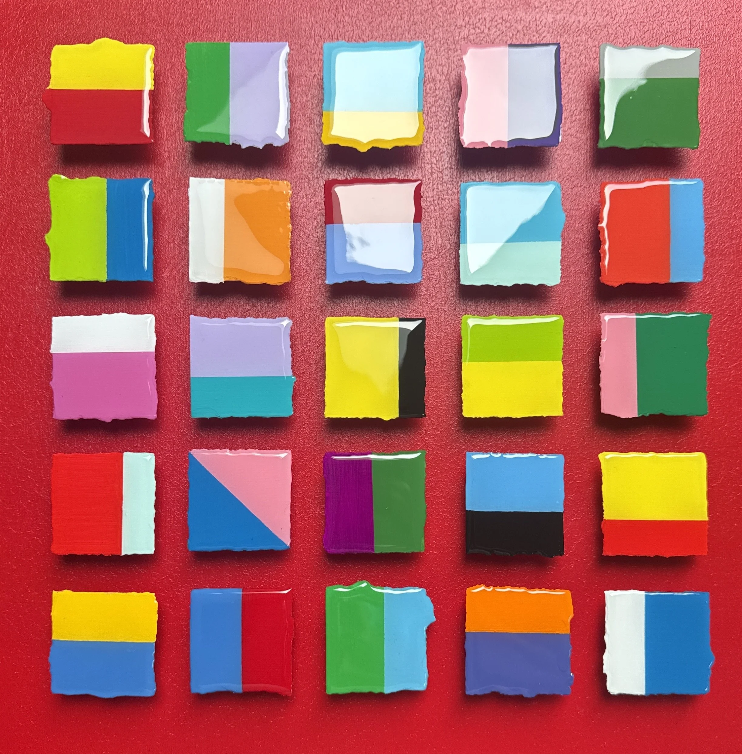 Dimensional abstract art featuring bold geometric forms, elevated square elements, and glossy resin details. Bright contrasting colors and minimalist structure create a contemporary statement piece focused on rhythm, perception, and spatial tension.