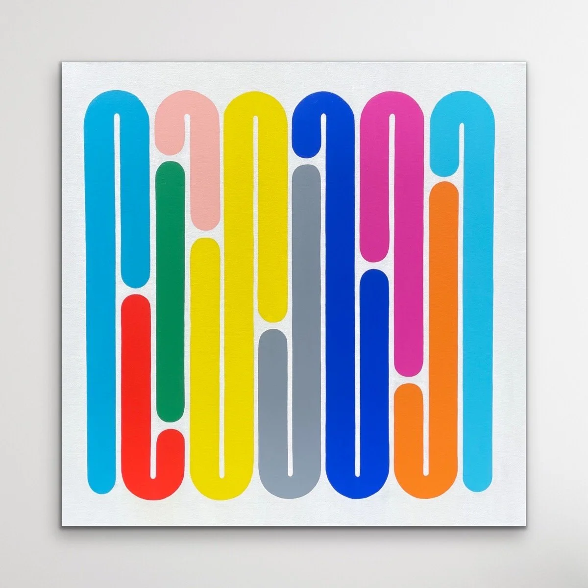 Contemporary geometric abstract artwork from the Momentum collection by Merrill Moore. Elongated forms flow vertically across the canvas in bold, vibrant color, creating a rhythmic sense of movement and transition. Inspired by the constant shifting t