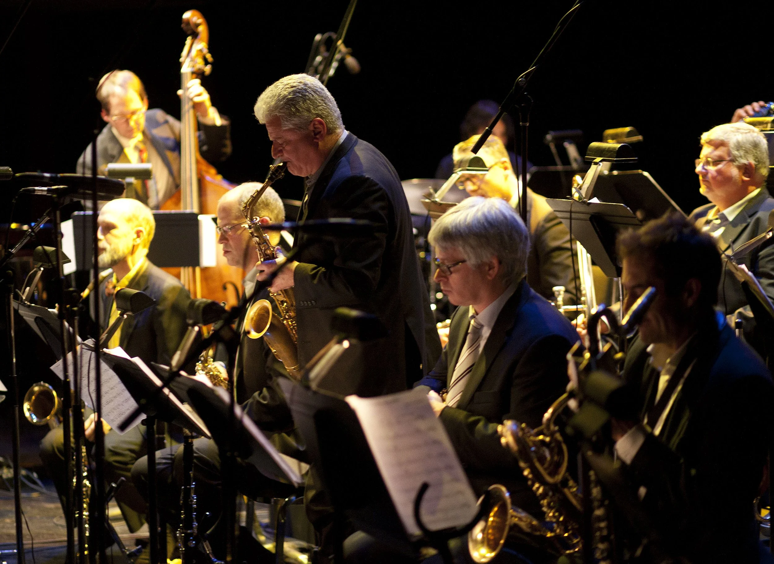  From left to right: Andrew Downing, Peter Lutek,  Andy Ballantyne, John Johnson, Mike Murley, Perry White, Al Kay Photo by John Lauener 