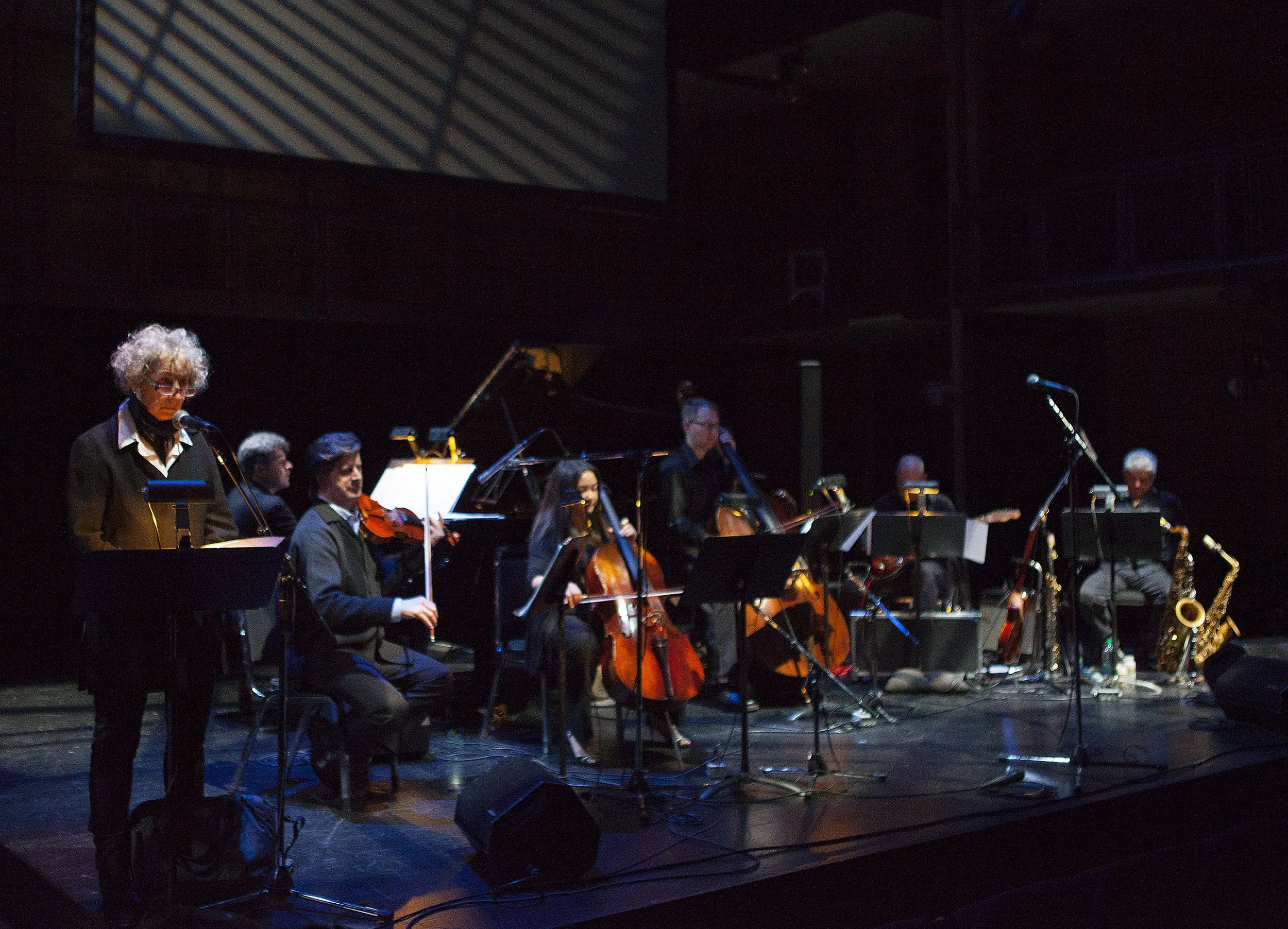  From left to right: Margaret Atwood, Andrew Burashko, Barry Shiffman, Rachel Mercer, Andrew Downing, Rob Piltch, John Johnson. Photo by John Lauener 