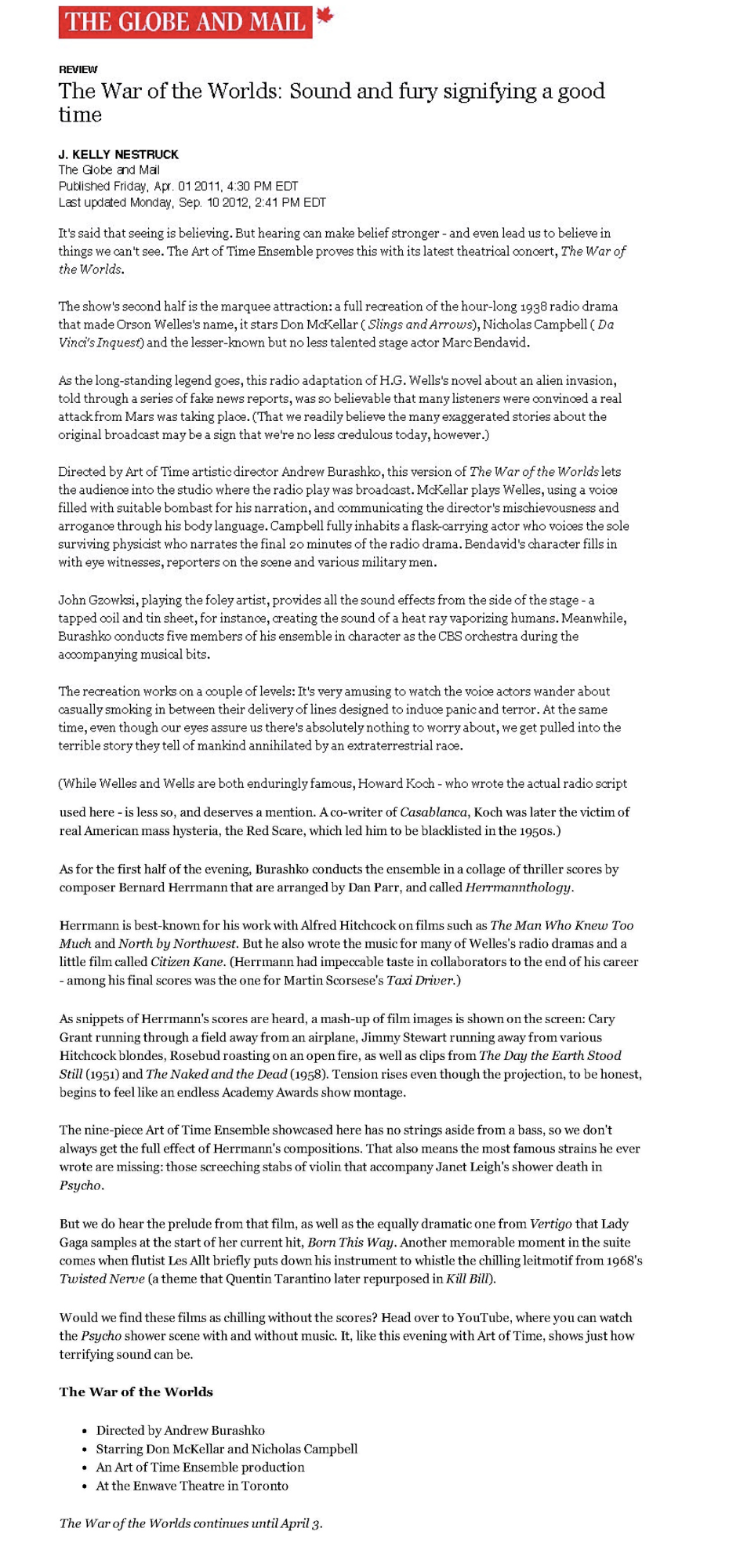 The Globe and Mail, April 1, 2011