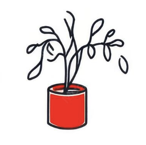 A red plant pot with black minimalist twigs or branches inside it, with some branches curled at the ends.