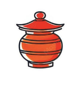 A stylized red and orange traditional Chinese lantern with black outline on a white background.