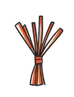 Drawing of a broom with orange bristles and a black handle, tied at the bottom.