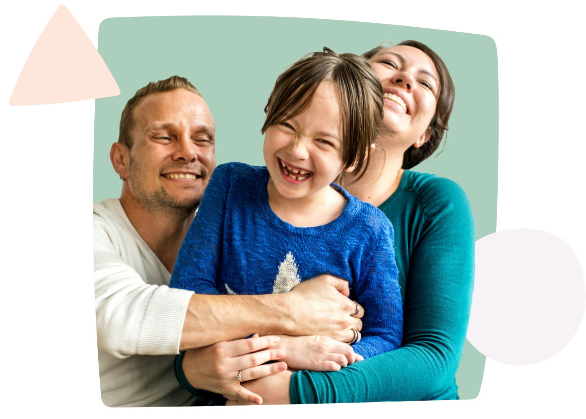Happy family with laughing child on a background of fun colorful shapes
