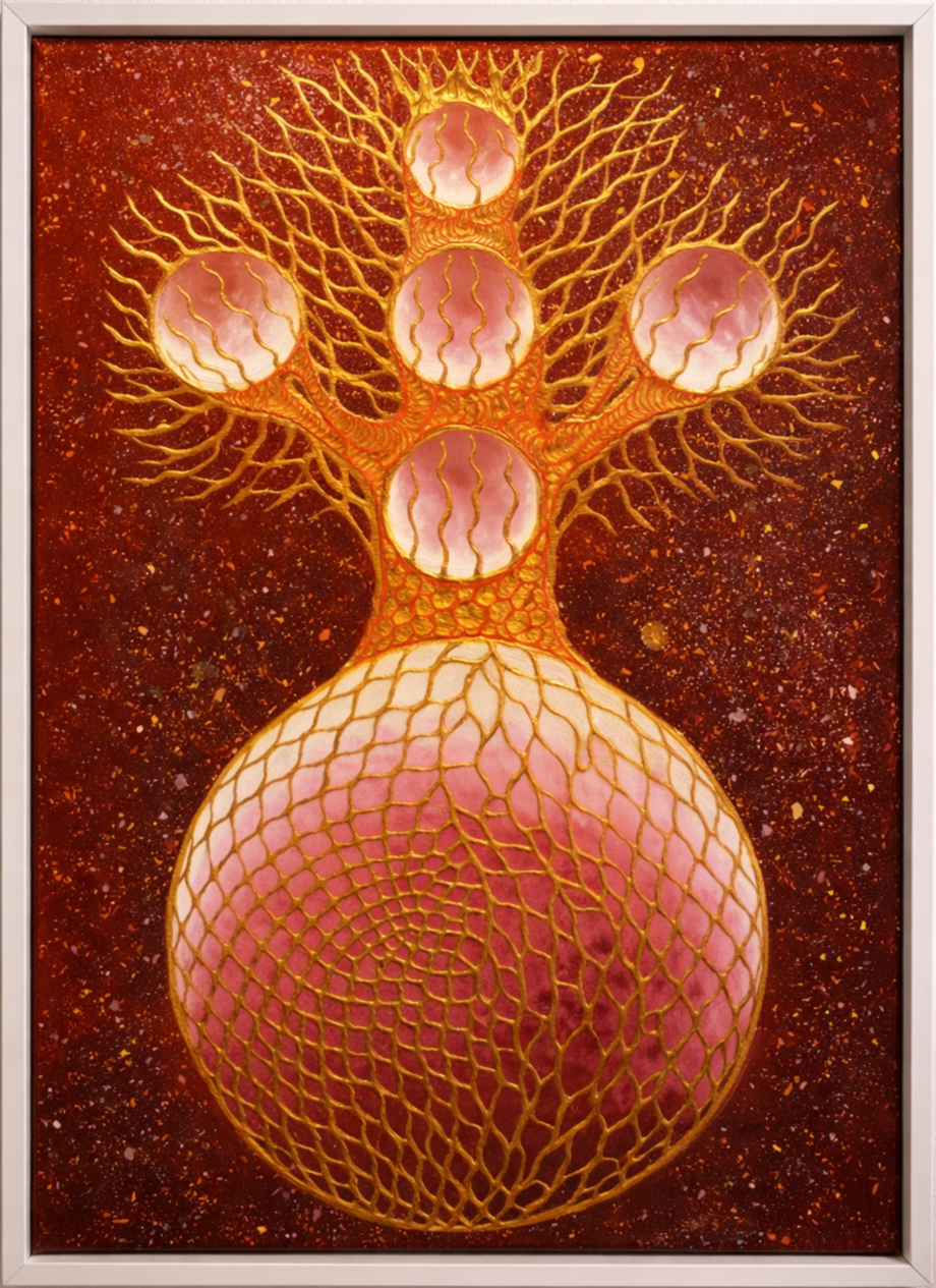 Kunstwerk mit goldenen Linien auf rotem Hintergrund, zeigt eine abstrakte Figur mit mehreren ovalen Formen und einer großen runden Basis.