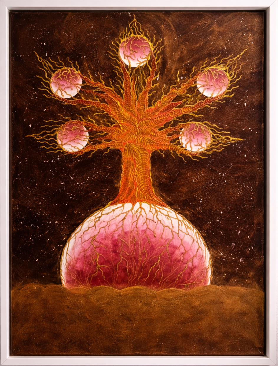 Abstrakte Malerei eines Baumes mit Wurzeln, die wie Adern aussehen, auf einer pinkfarbenen Kugel, mit einem dunklen, goldbraunen Hintergrund.