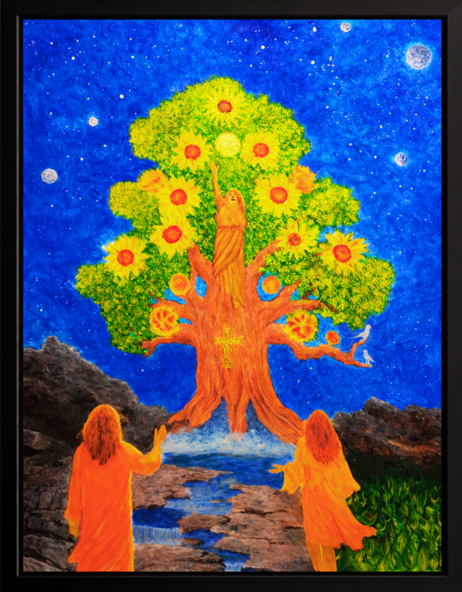 Ein Kinderbild mit einem Baum, der wie ein Sonnenblumenbaum aussieht, vor einem nächtlichen Himmel mit Sternen und Monden. Zwei Kinder sitzen auf einem Flussufer, das den Baum umgibt.