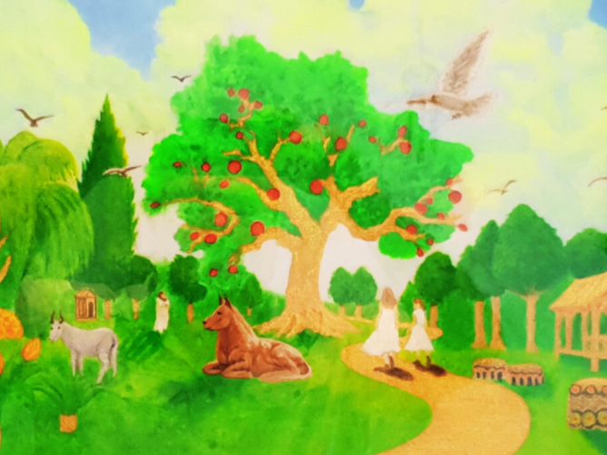 Malerei einer Landschaft mit großen Obstbaum, Tieren, Menschen und Häusern in einer bunten Natur.