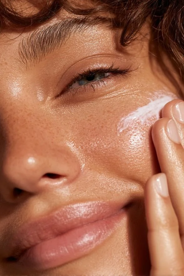 Woman applying Skin Eleve skincare cream to her cheek