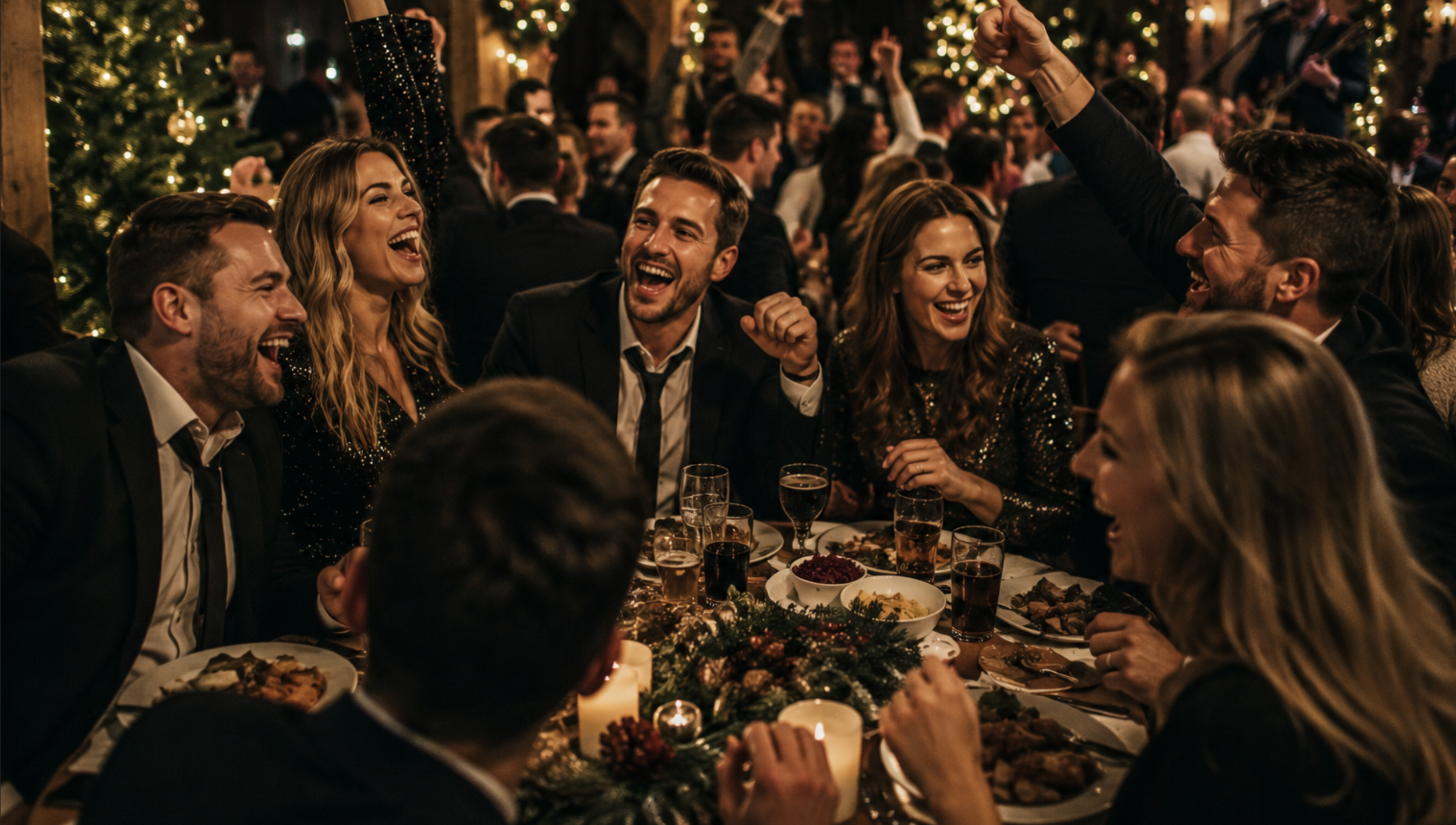 Gruppo di persone che festeggiano a una cena natalizia, seduti attorno a un tavolo decorato, con luci di Natale e alberi decorati sullo sfondo, tutti sorridenti e che ridono.