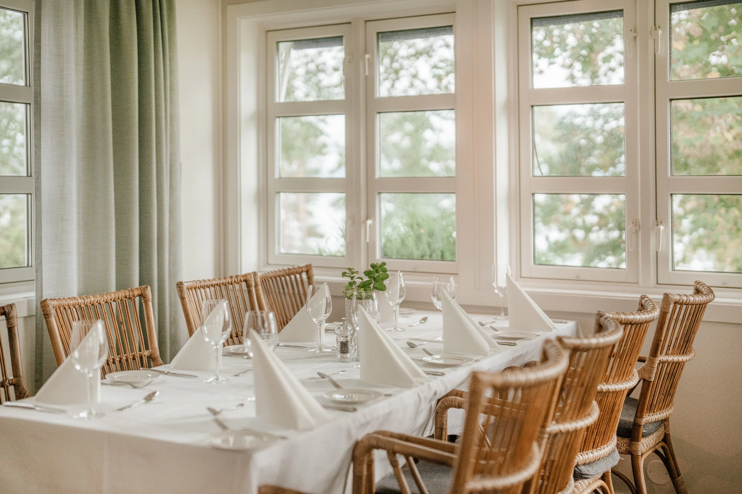 På et bord dekket til middag med hvit duk, hvite brett, vinbeger, bestikk og servietter, i et rom med store vinduer og grønne trær utenfor.