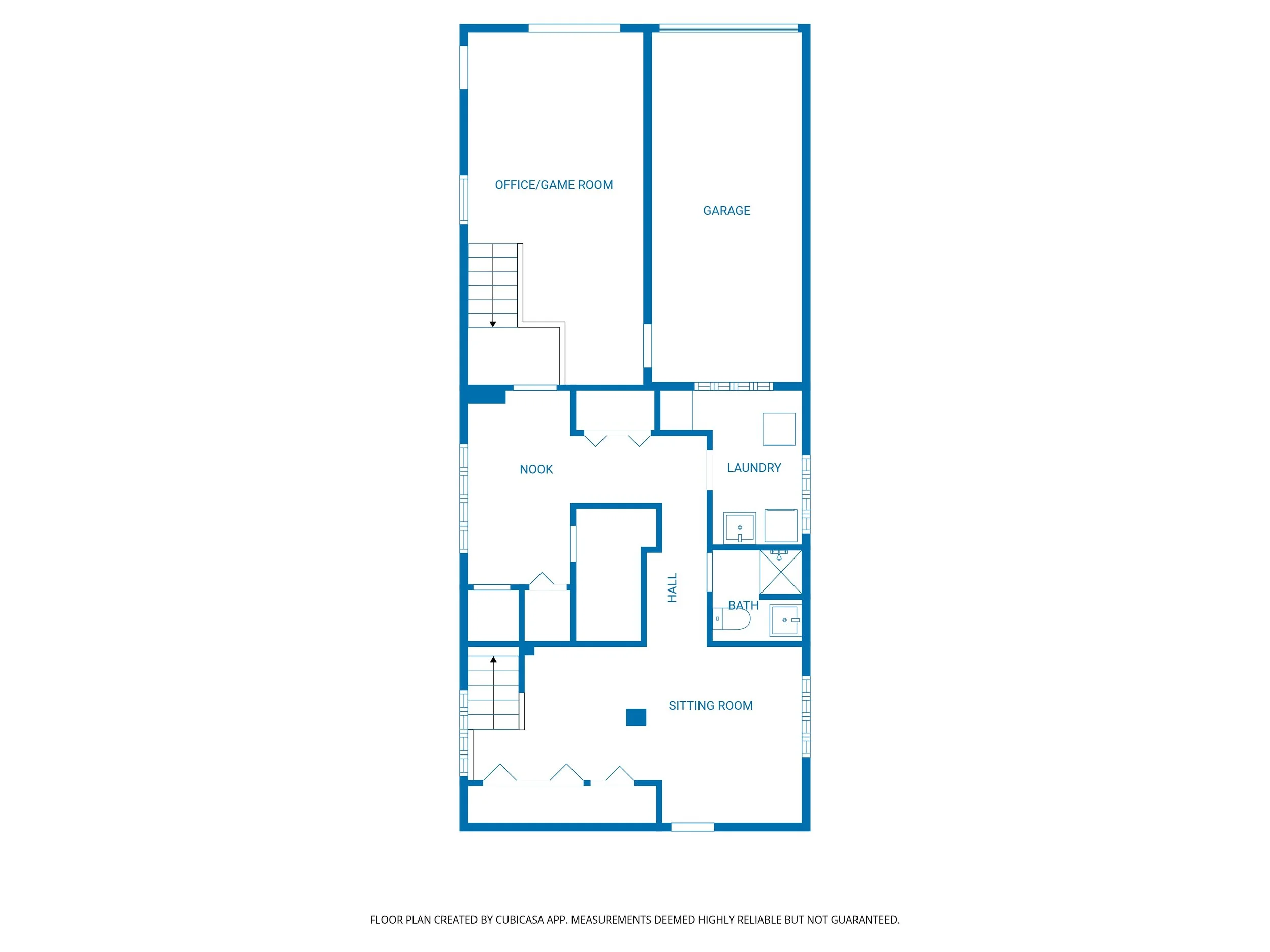 Floor plan showing rooms labeled as sitting room, hall, bath, laundry, nook, office/game room, garage, and stairs.