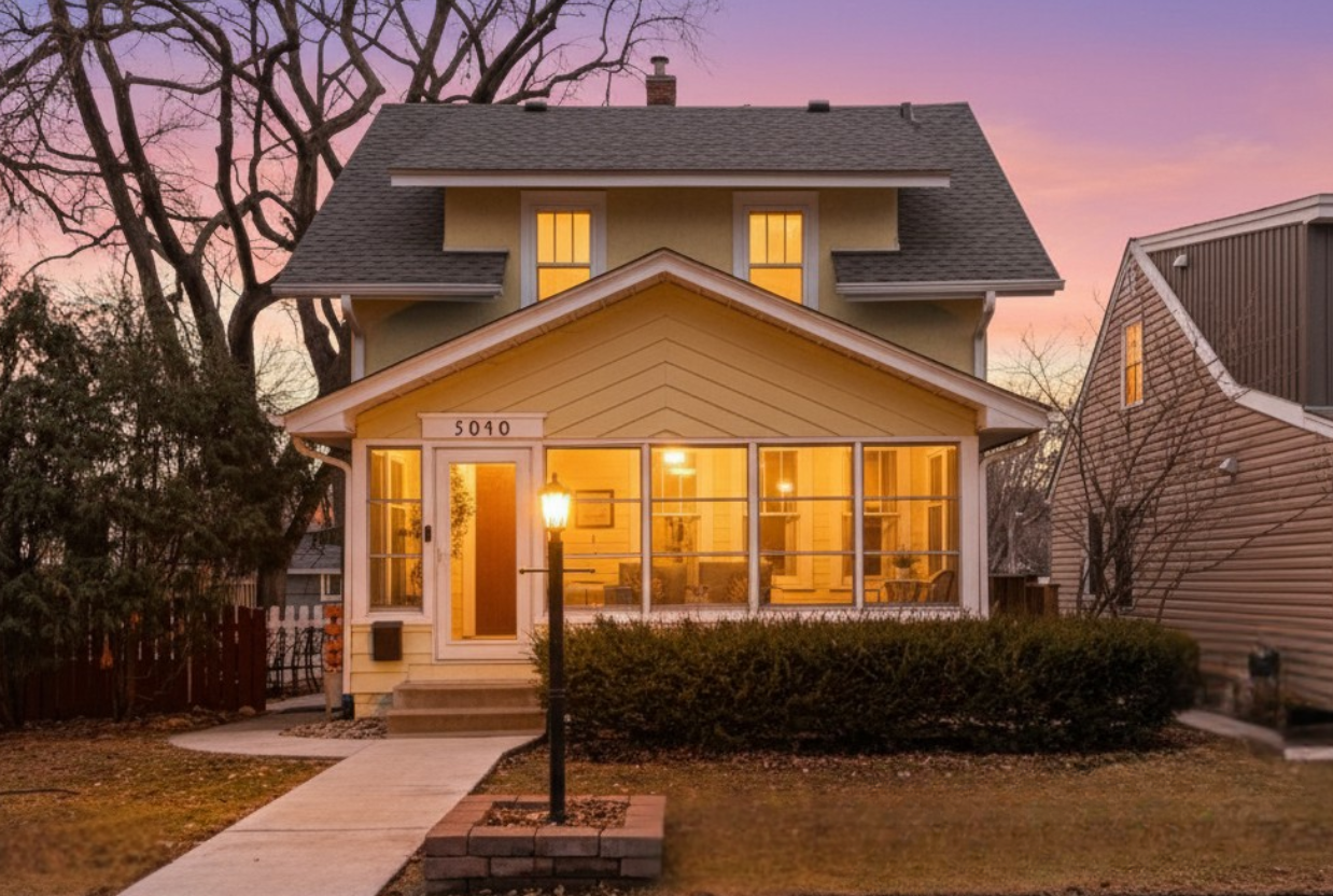 A cozy two-story yellow house with a sunroom, lit from inside, during sunset. The house has gray roofing, a small front porch with steps, a driveway, and is surrounded by trees and bushes.