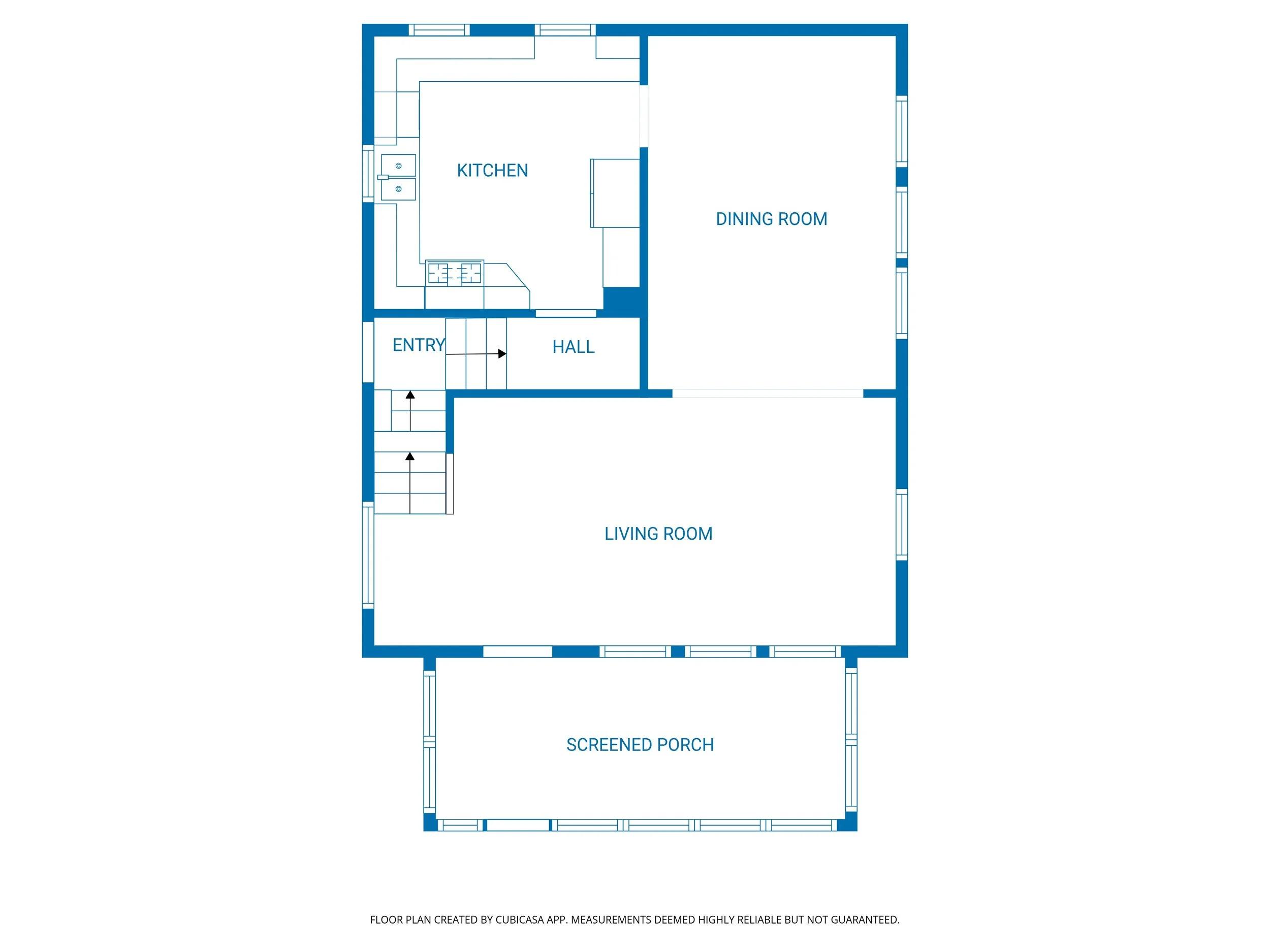 Floor plan of a house showing a screened porch, living room, dining room, kitchen, entry, hall, and staircase.