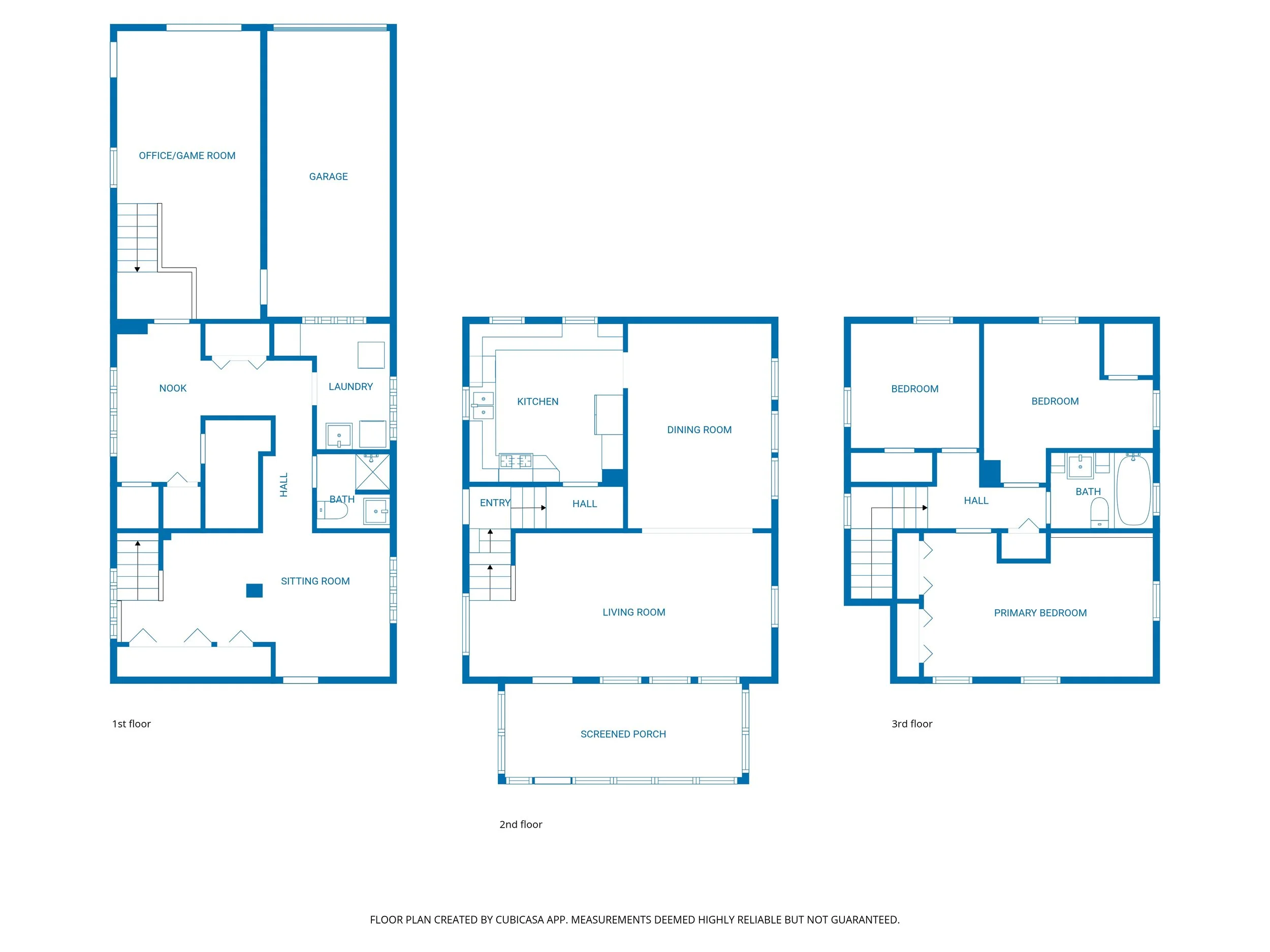 Three-floor house blueprint showing room layouts including a kitchen, living and dining rooms, bedrooms, bathrooms, laundry, garage, office/game room, nook, sitting room, hallways, screened porch, and staircase outlines.