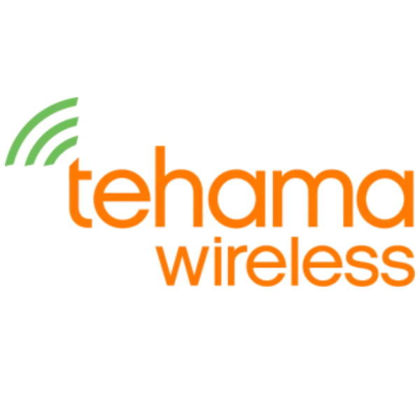 Tehama Wireless logo with orange text and green signal icon on a white background.