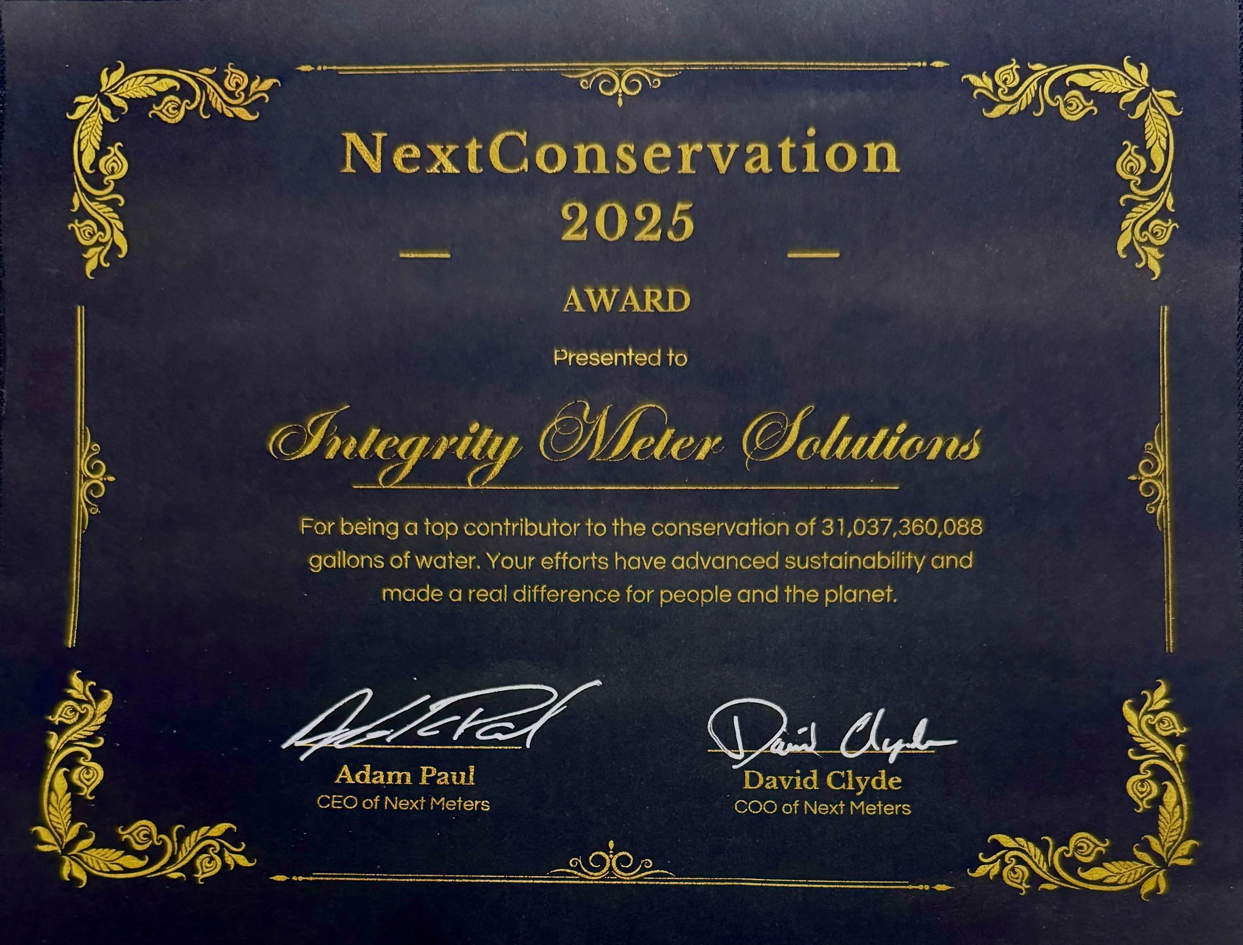 NextConservation 2025 award certificate presented to Integrity Meter Solutions