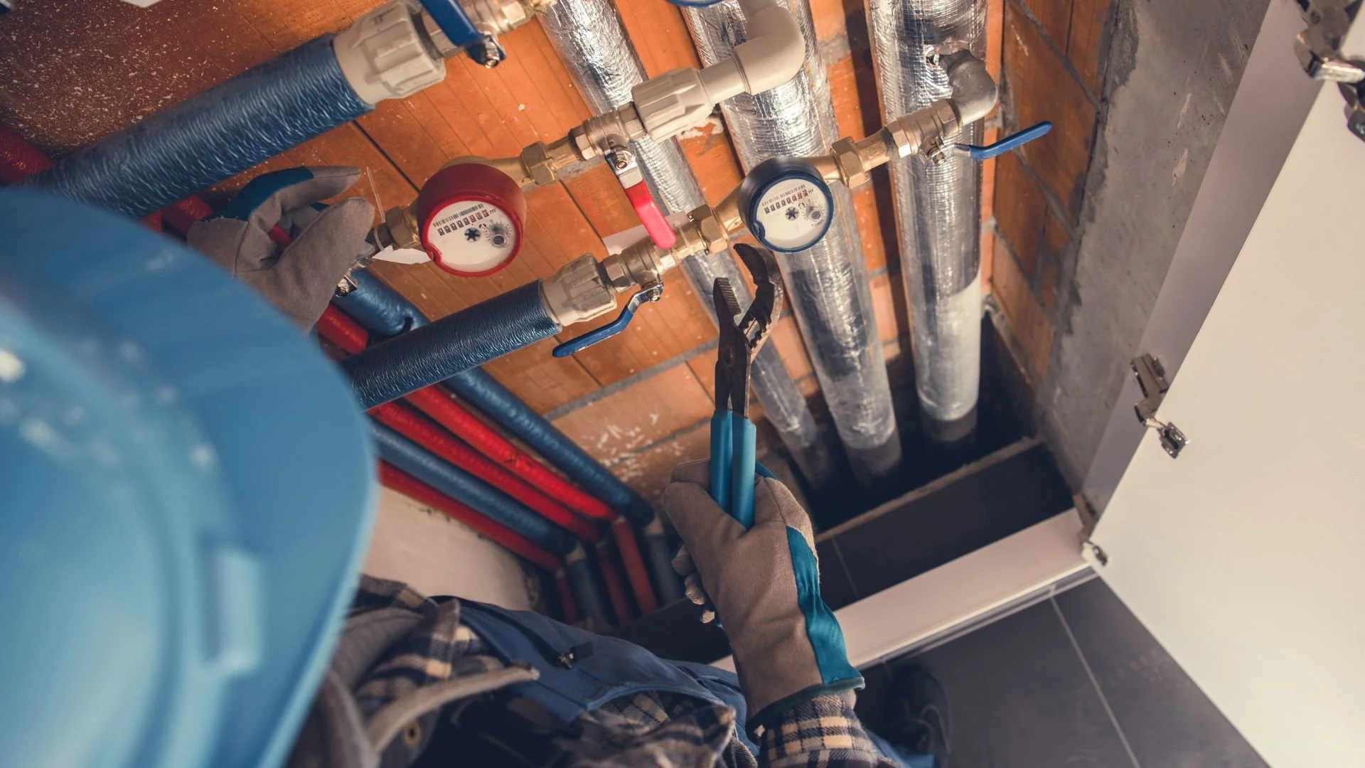 Technician performing water submeter installation on a pipe system