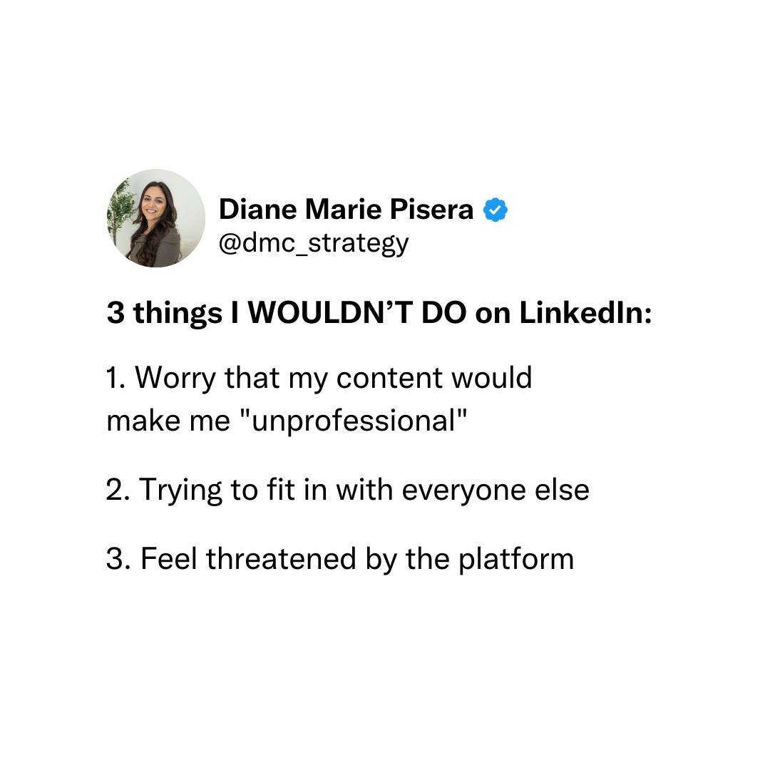 Sharing content on any social media platform is scary&hellip; 

Here are 3 things I wouldn't do if I had to start over.

Comment &ldquo;GROW&rdquo; and I&rsquo;ll send you my FREE LinkedIn Growth Webinar 🚀

[LinkedIn Tips, Marketing Strategies, Bran
