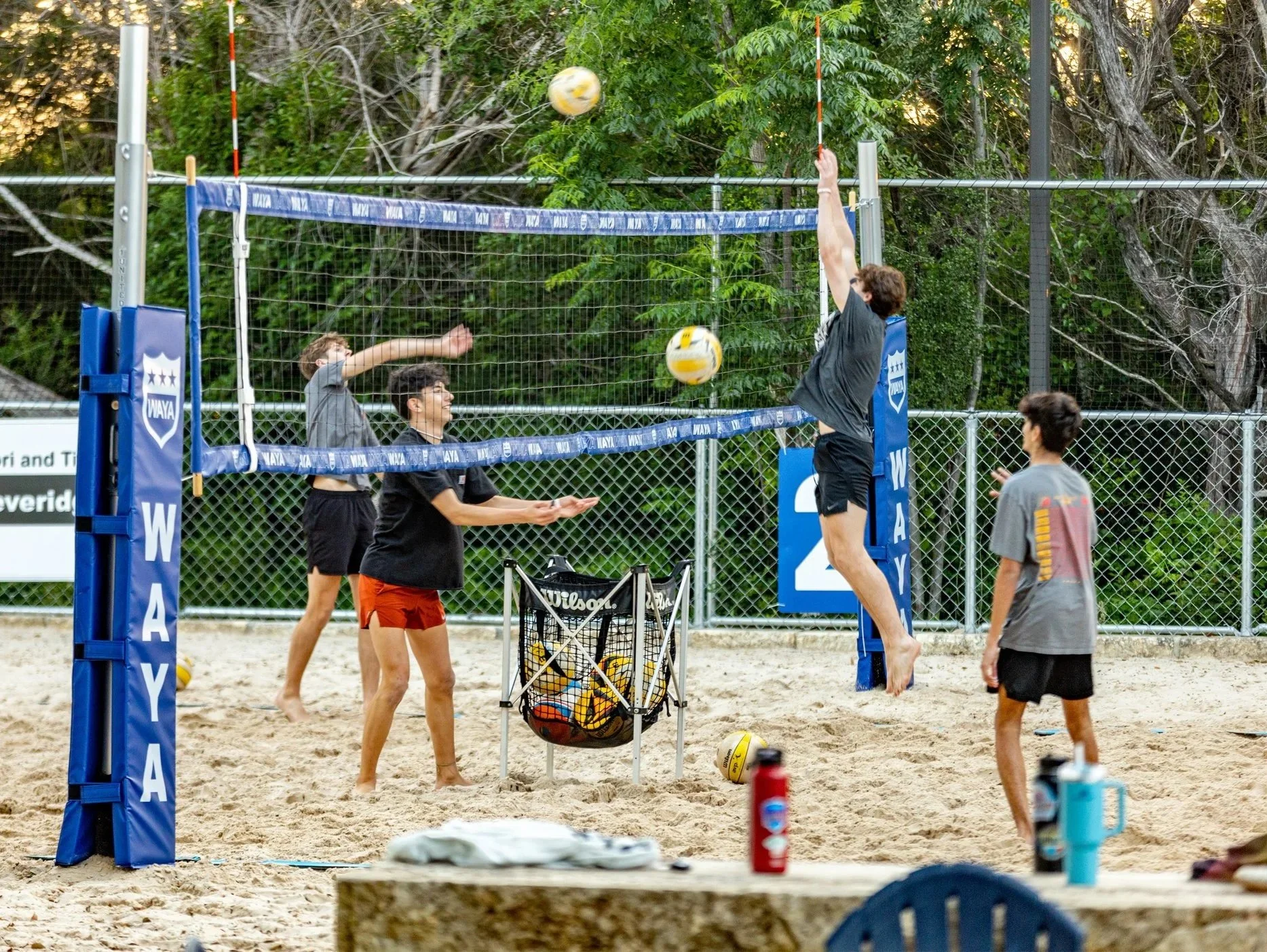 Young people playing beach volleyball on sand court, with a net and lush green trees in the background.