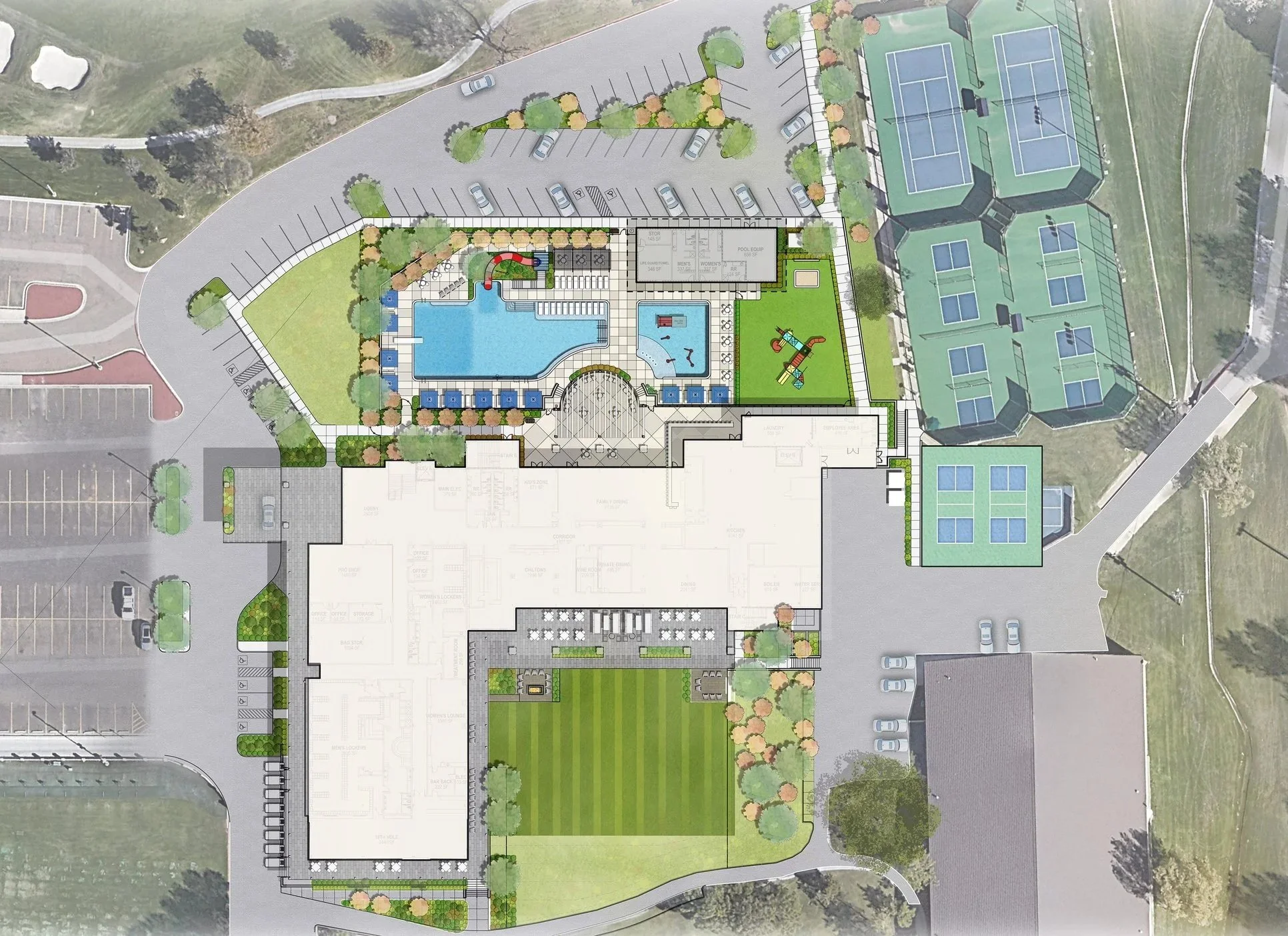 A detailed layout plan of a recreational complex including a large swimming pool with lounge chairs, a smaller pool, children’s playground, tennis courts, parking lot, and landscaped green areas.
