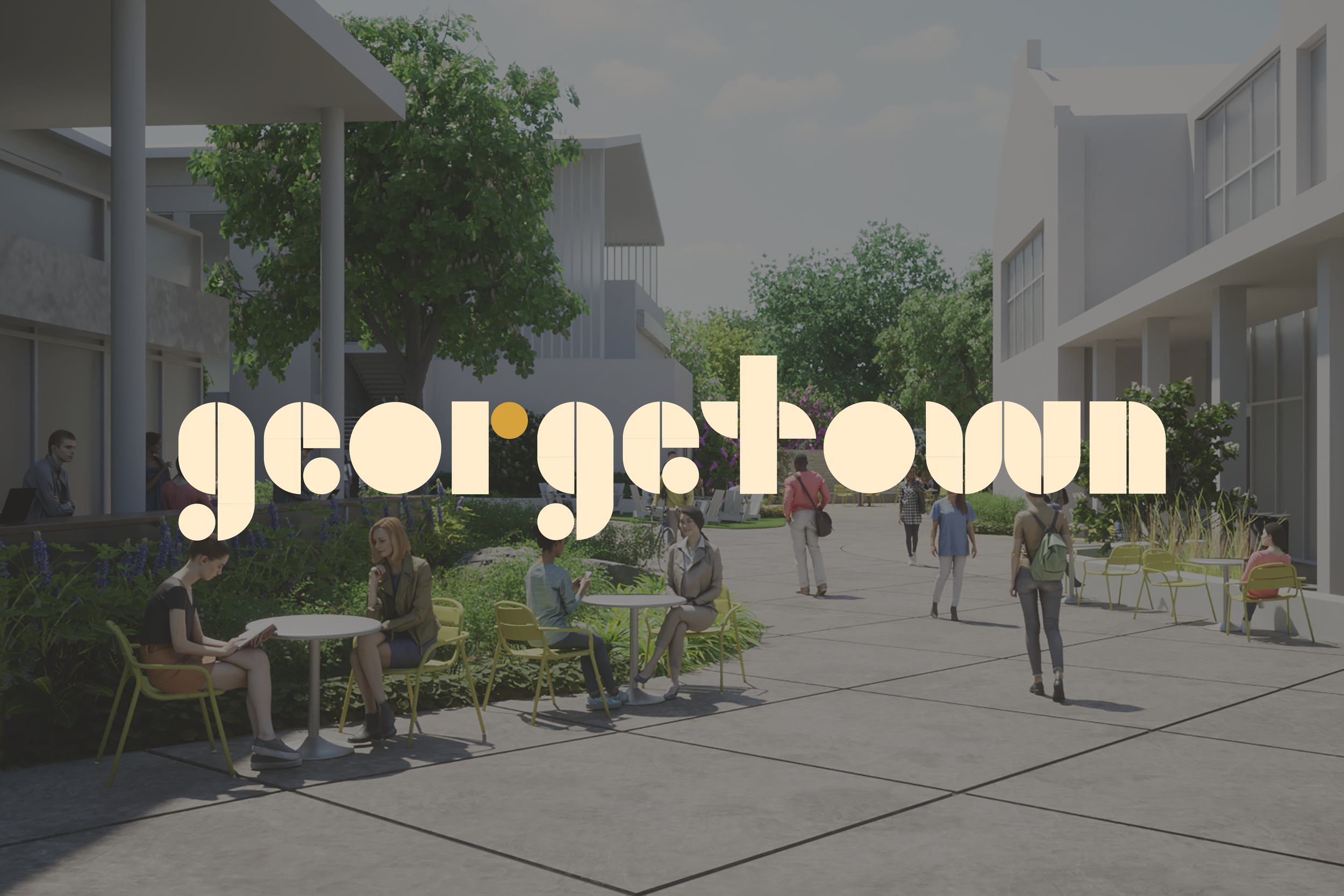 People sitting and walking in an outdoor courtyard with modern buildings, trees, and greenery; the word 'gorgeous' is overlaid in stylized font.