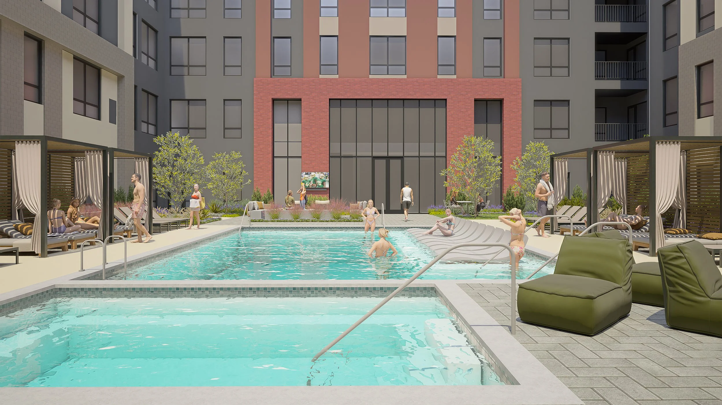 Apartment complex pool area with people swimming, lounging in cabanas, and sitting on chairs. Modern building with large windows in the background, surrounded by landscaped greenery.