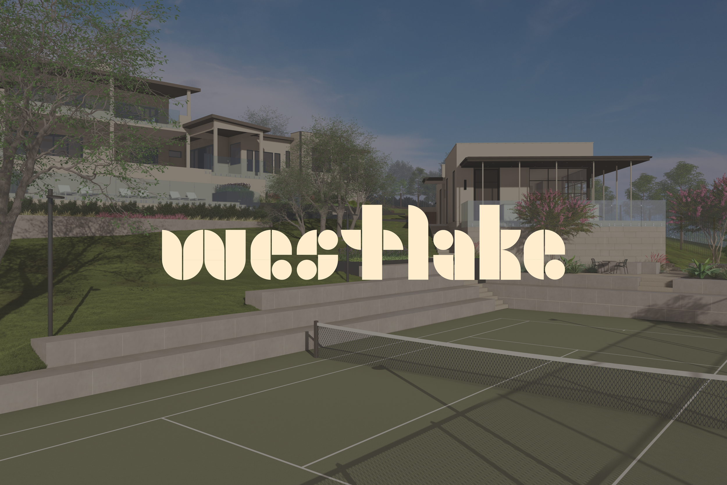 A digital rendering of a modern outdoor property with a tennis court in the foreground, hillside houses in the background, and large "wetlake" text overlay in the center.