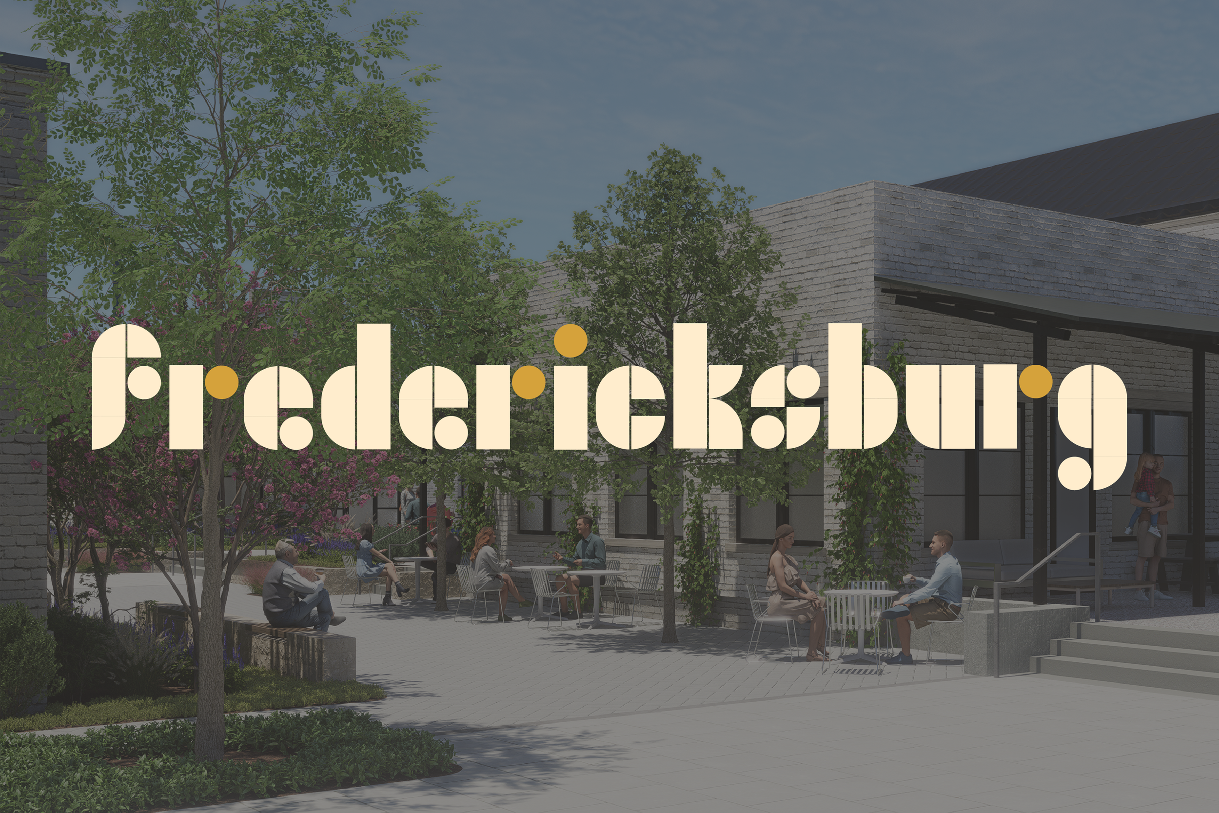 Rendering of a modern outdoor space with people sitting at tables and walking, trees, and a building with brick and glass walls, and the text 'federicksburg' overlayed.
