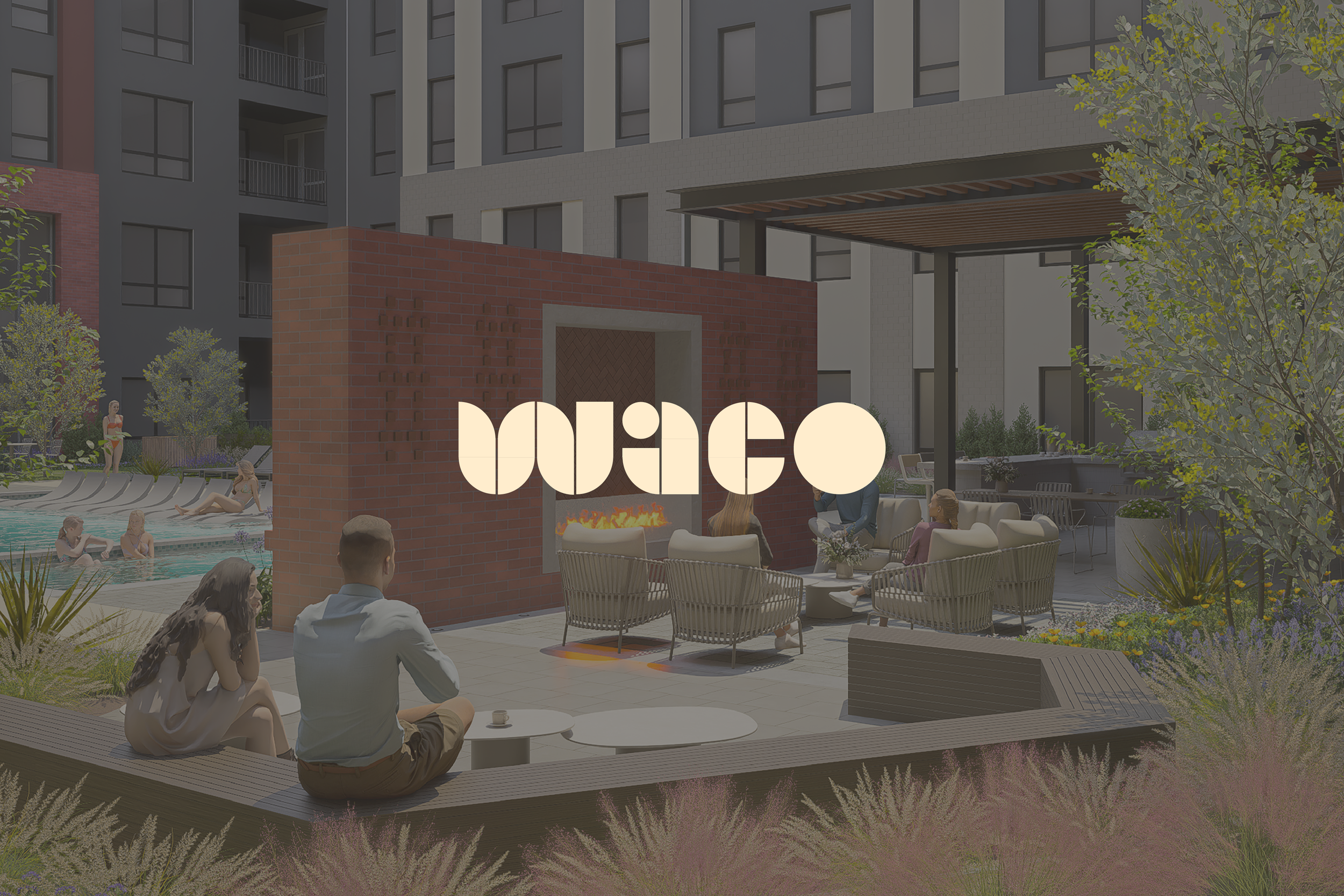 Nighttime scene of an outdoor pool area with people swimming, lounging, and socializing, surrounded by modern apartment buildings and landscaping, with a large brick wall and a lit fire feature in the center.