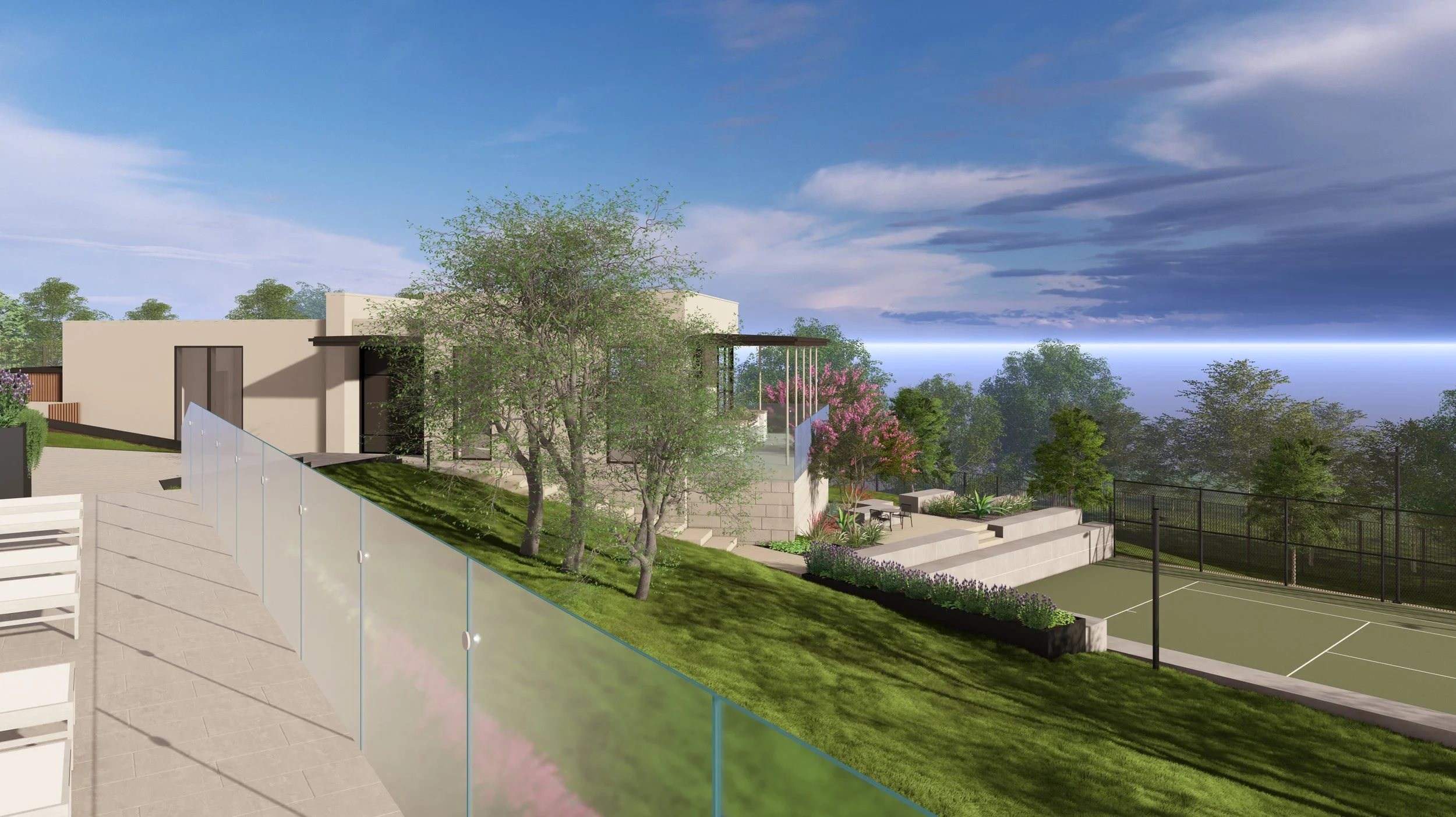 Rendering of a modern residential backyard with a patio, trees, lush landscaping, and a tennis court, overlooking a scenic horizon with sky and clouds.
