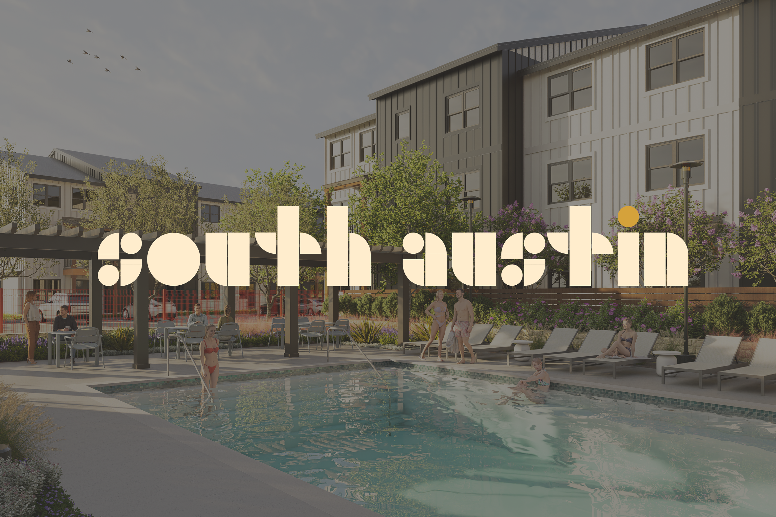 Residential apartment complex with a swimming pool, outdoor lounge chairs, and people relaxing and swimming, with trees and modern buildings in the background, and the text 'South Austin' overlaid.